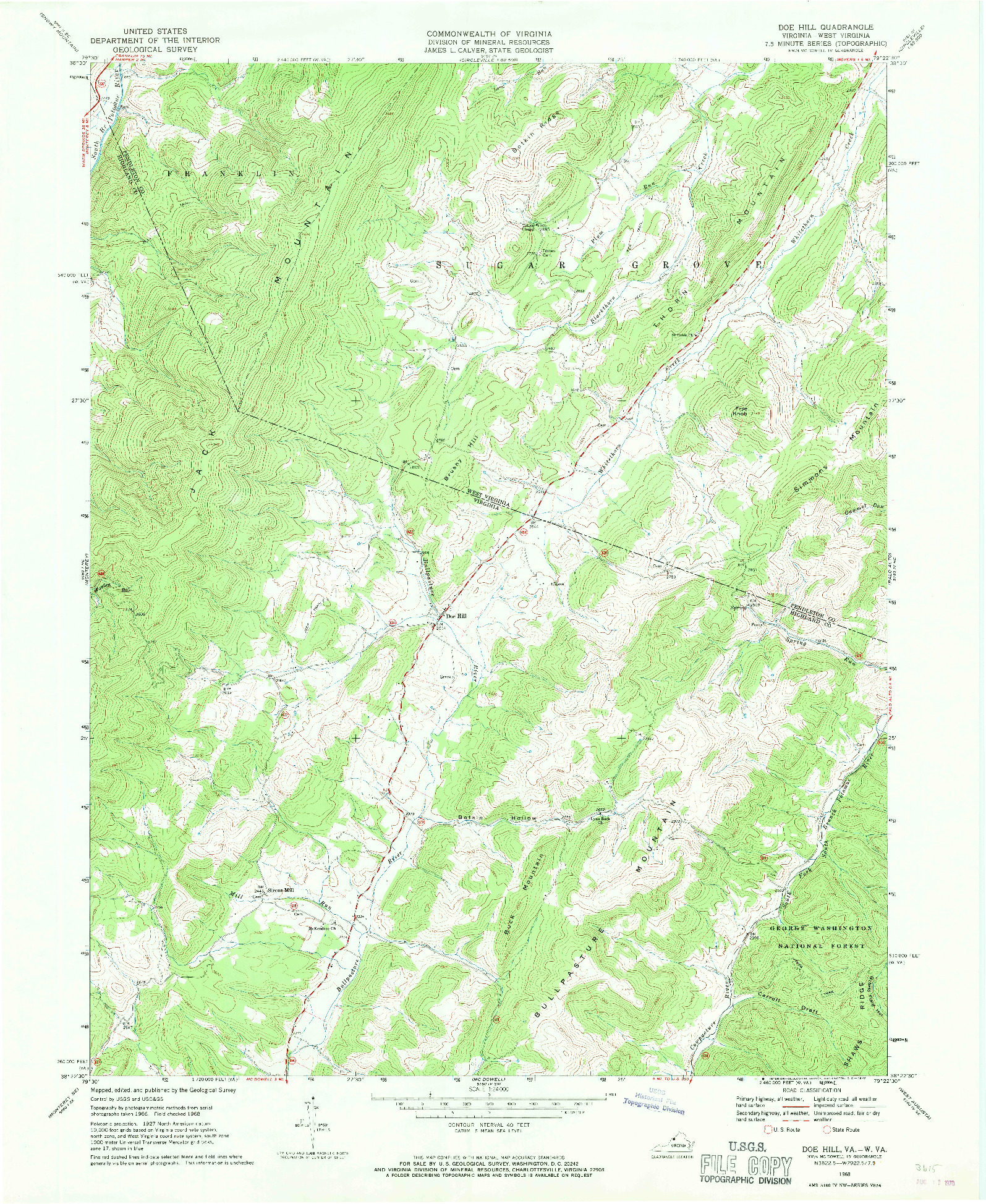 USGS 1:24000-SCALE QUADRANGLE FOR DOE HILL, VA 1968