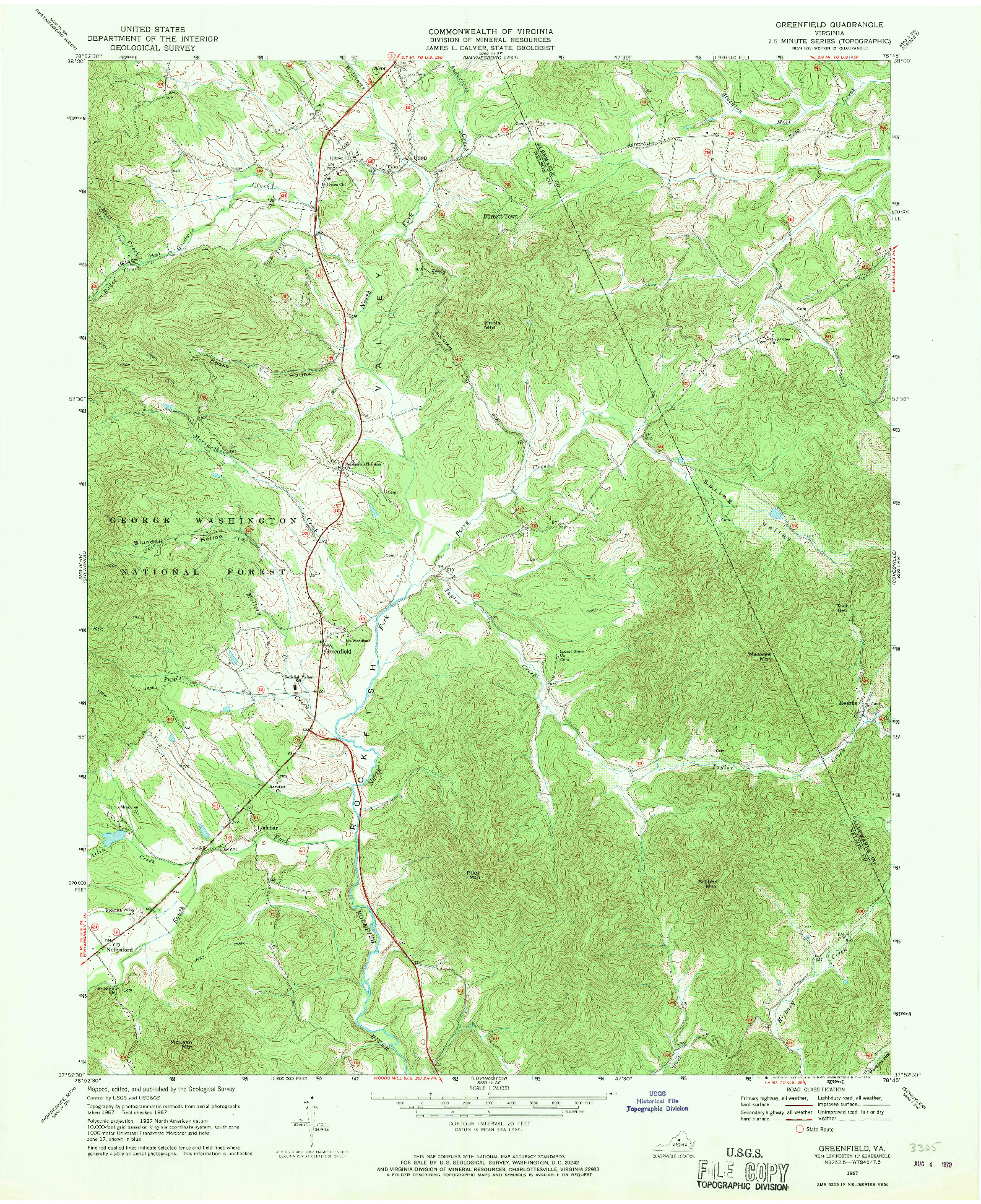 USGS 1:24000-SCALE QUADRANGLE FOR GREENFIELD, VA 1967