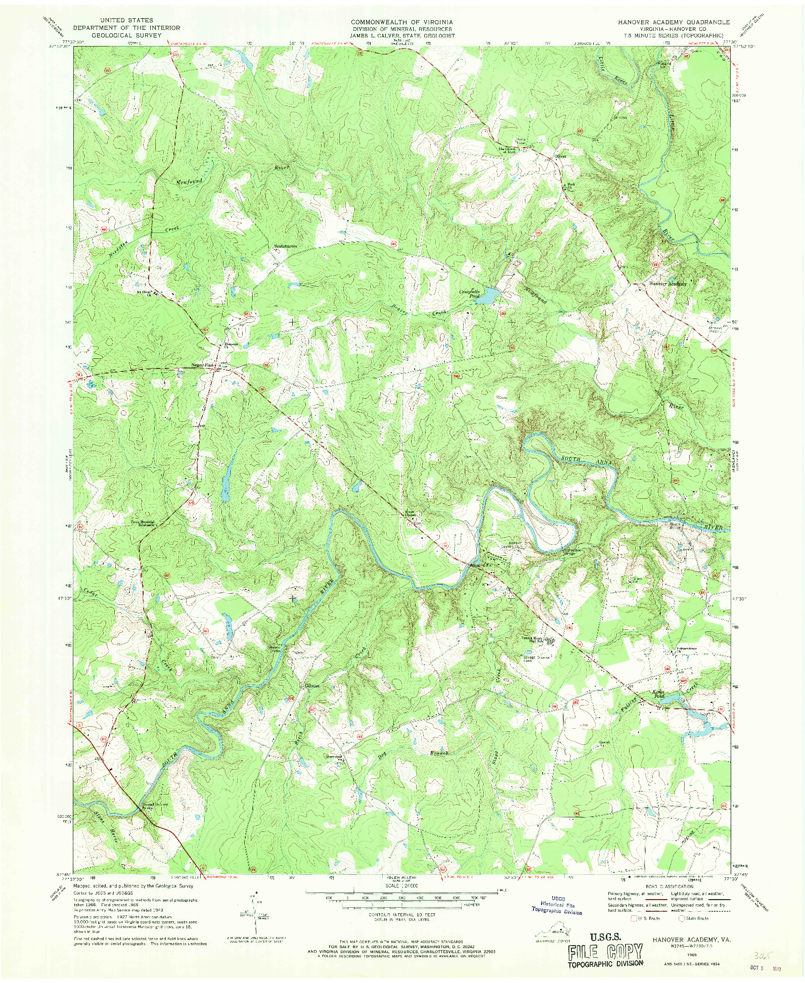 USGS 1:24000-SCALE QUADRANGLE FOR HANOVER ACADEMY, VA 1969