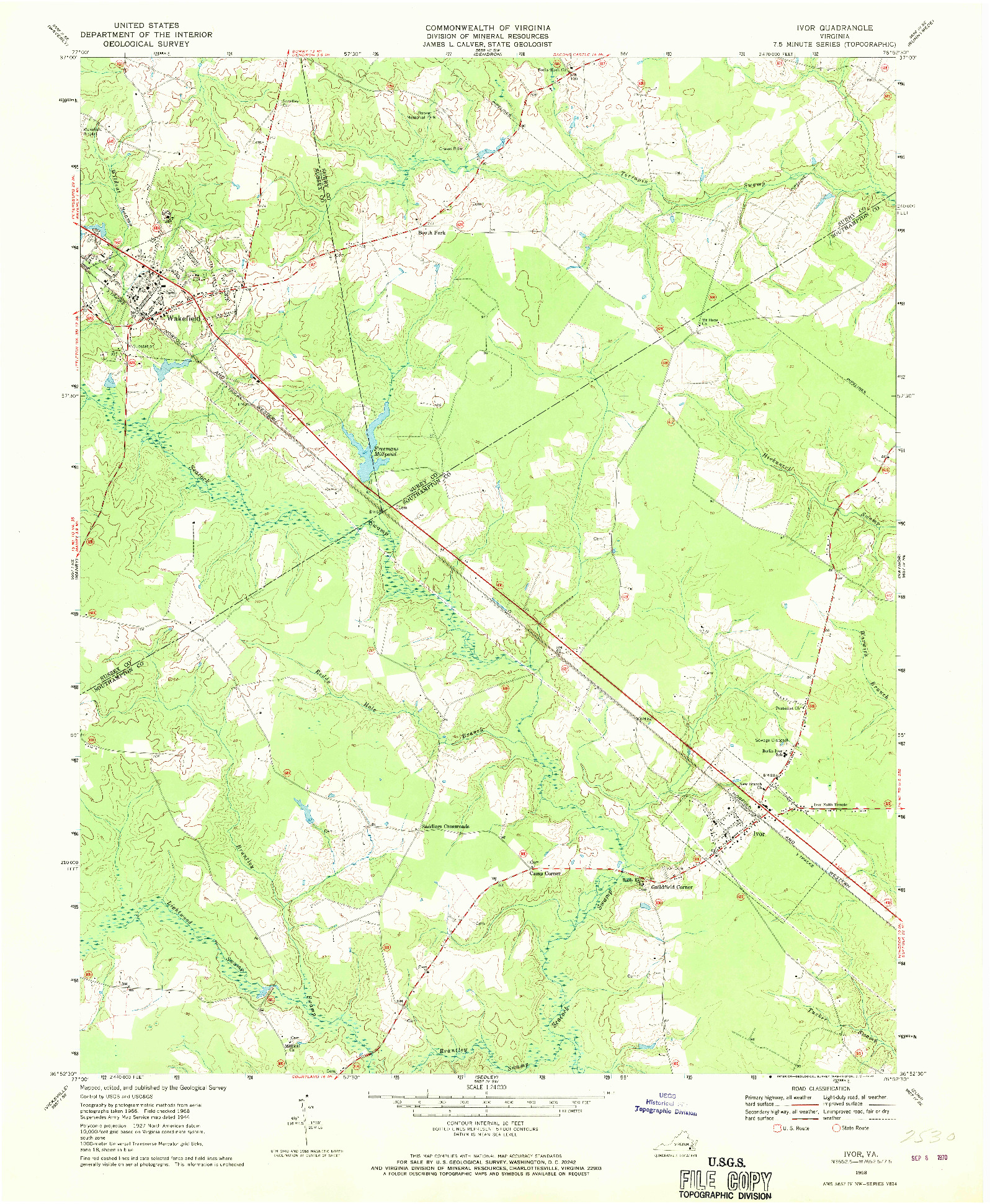 USGS 1:24000-SCALE QUADRANGLE FOR IVOR, VA 1968