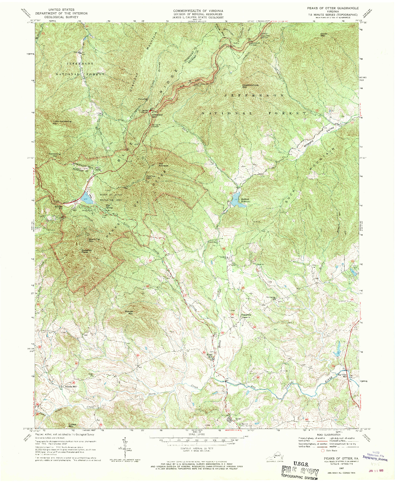 USGS 1:24000-SCALE QUADRANGLE FOR PEAKS OF OTTER, VA 1967