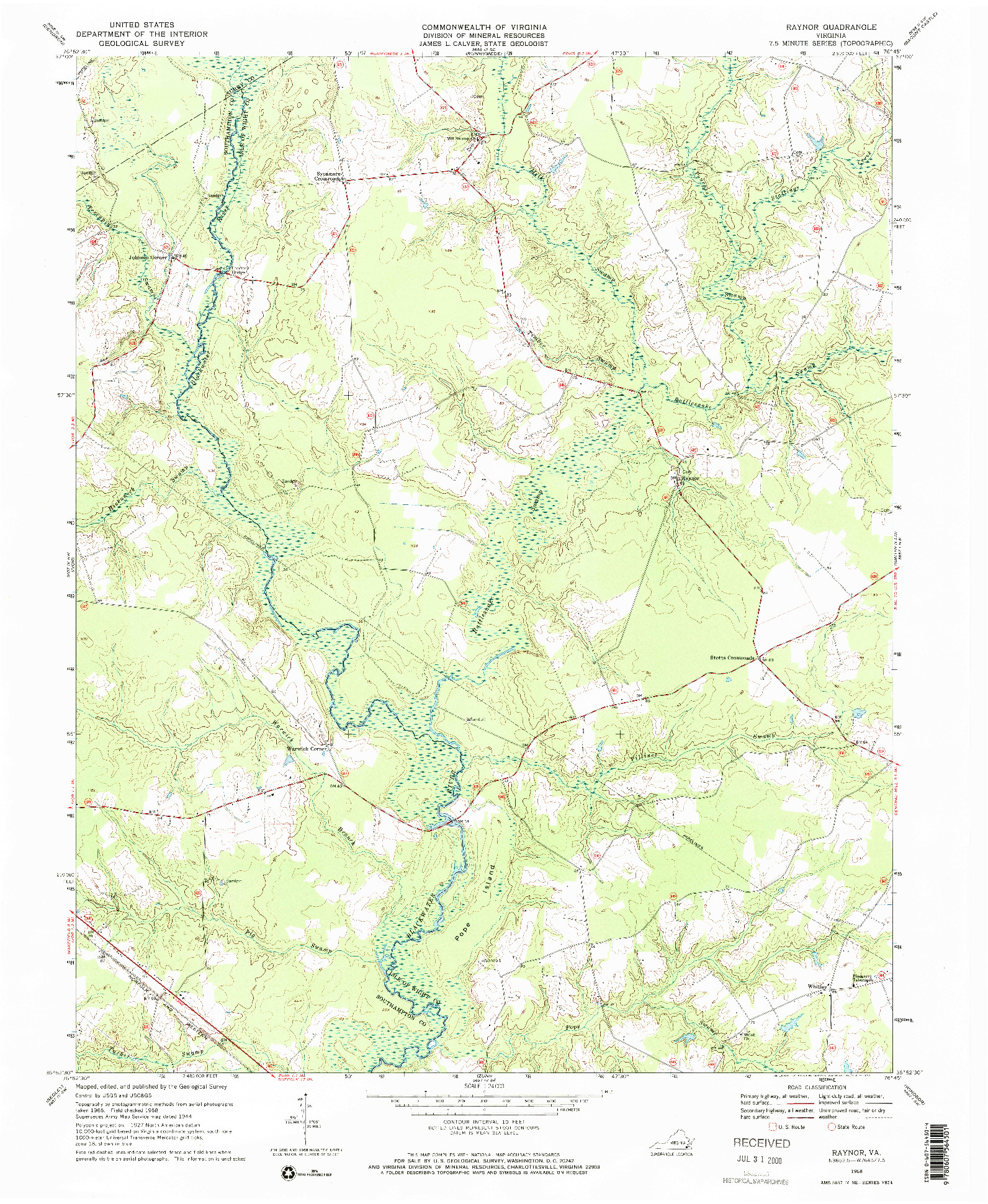 USGS 1:24000-SCALE QUADRANGLE FOR RAYNOR, VA 1968