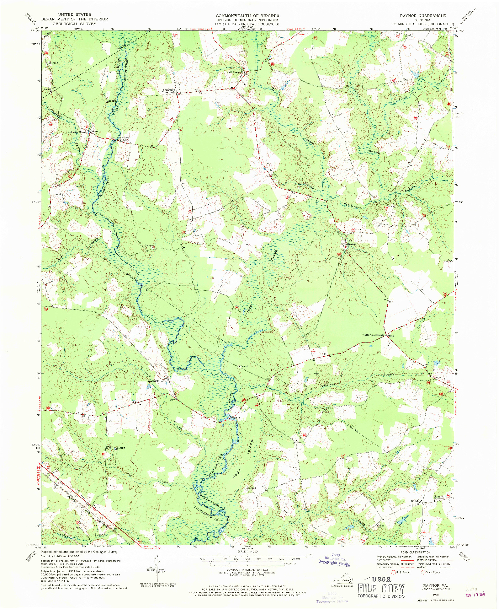 USGS 1:24000-SCALE QUADRANGLE FOR RAYNOR, VA 1968