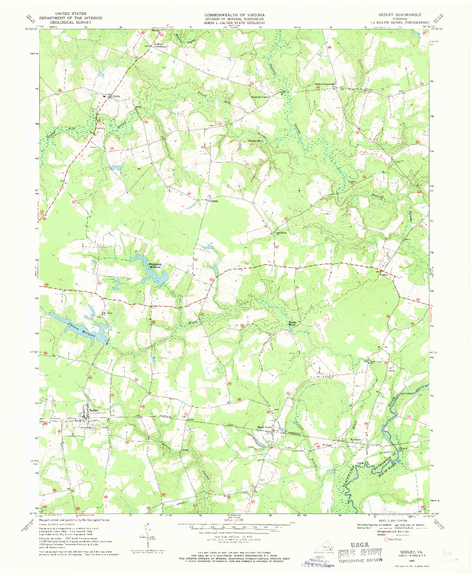 USGS 1:24000-SCALE QUADRANGLE FOR SEDLEY, VA 1968