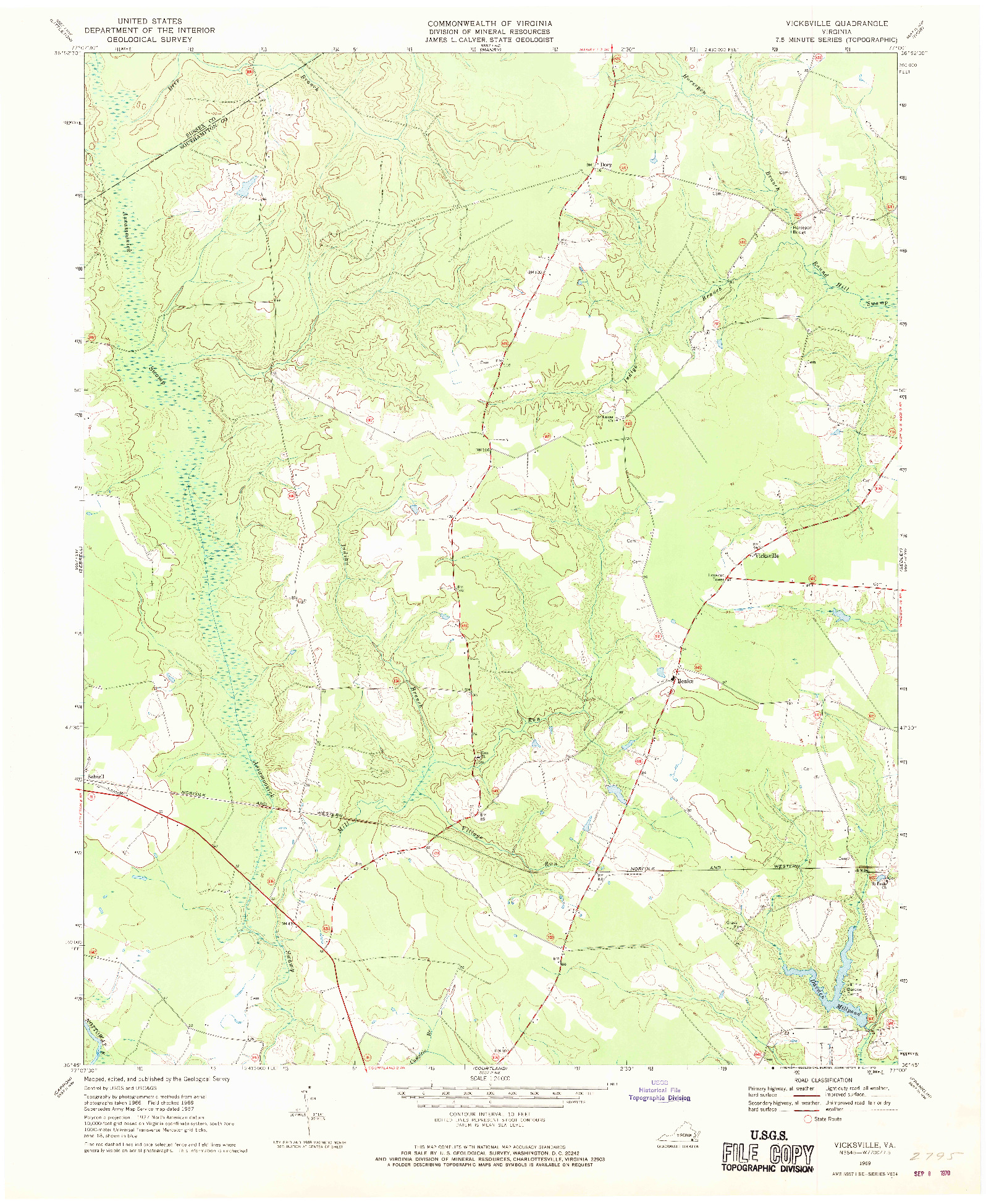 USGS 1:24000-SCALE QUADRANGLE FOR VICKSVILLE, VA 1969