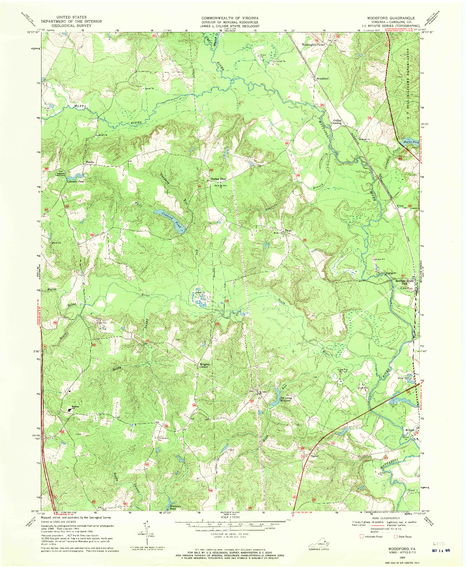 USGS 1:24000-SCALE QUADRANGLE FOR WOODFORD, VA 1969