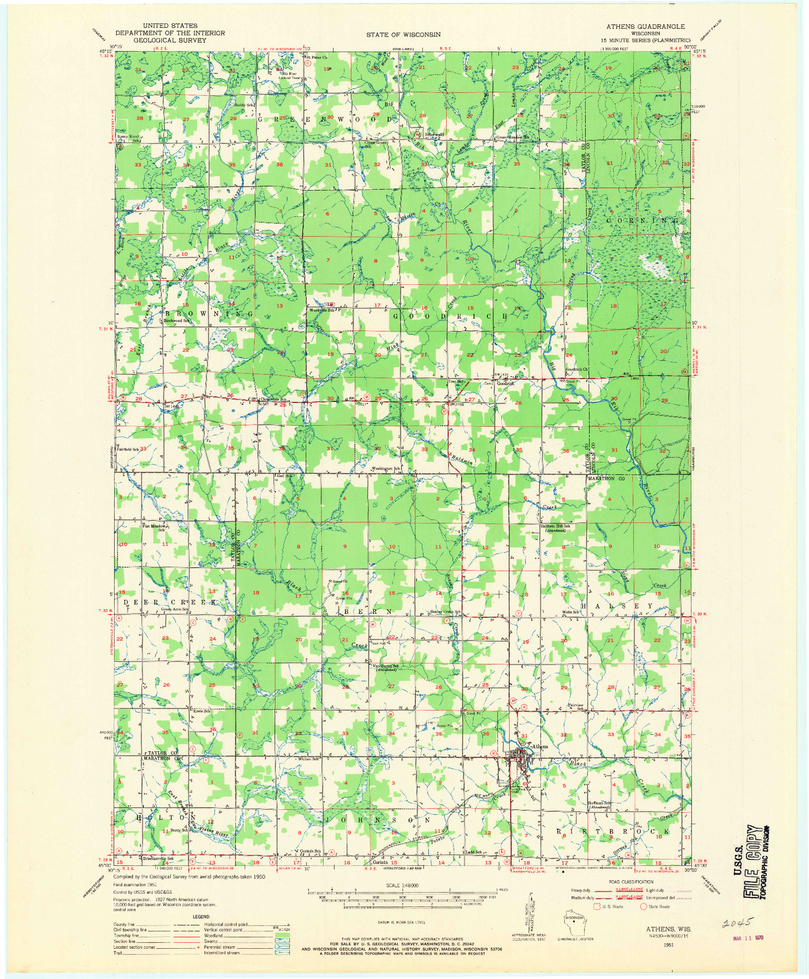 USGS 1:48000-SCALE QUADRANGLE FOR ATHENS, WI 1951