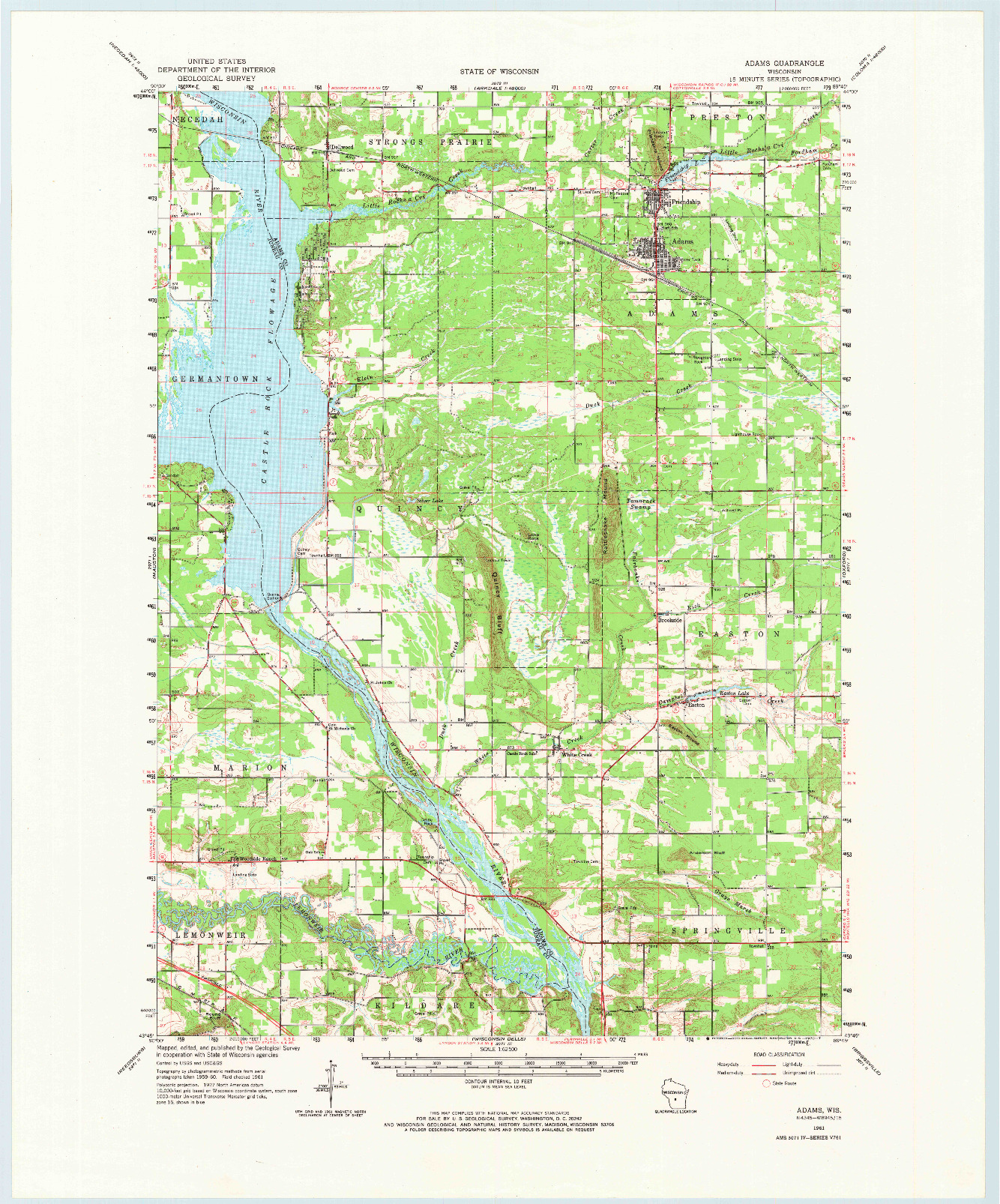 USGS 1:62500-SCALE QUADRANGLE FOR ADAMS, WI 1961