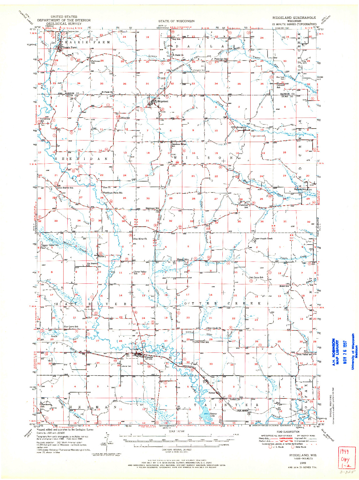 USGS 1:62500-SCALE QUADRANGLE FOR RIDGELAND, WI 1949