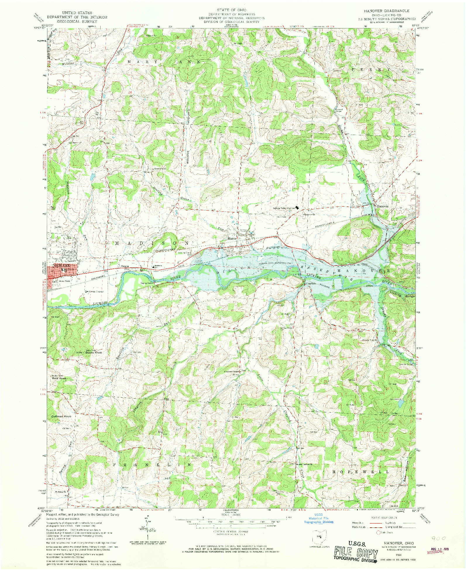 USGS 1:24000-SCALE QUADRANGLE FOR HANOVER, OH 1961