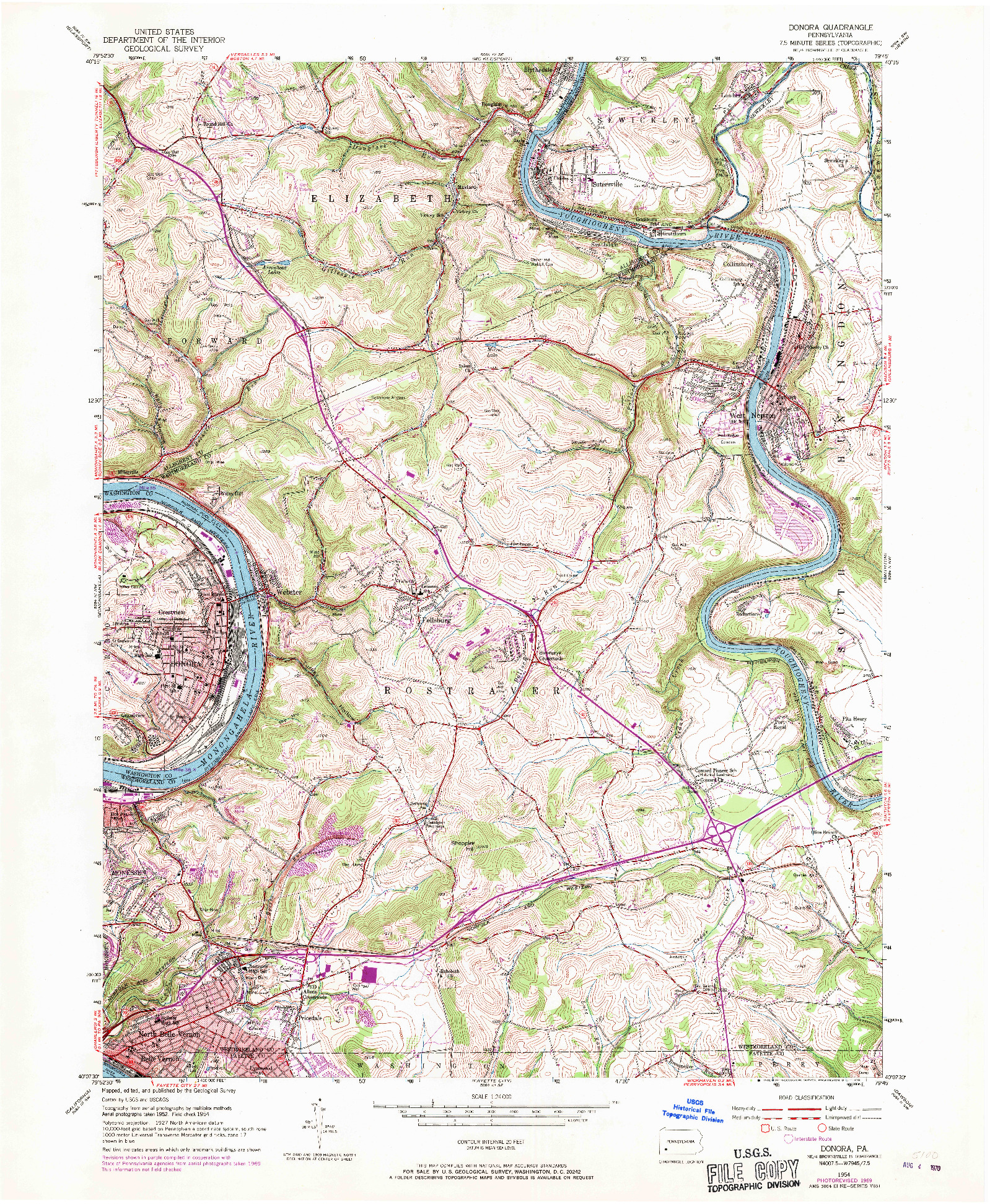 USGS 1:24000-SCALE QUADRANGLE FOR DONORA, PA 1954