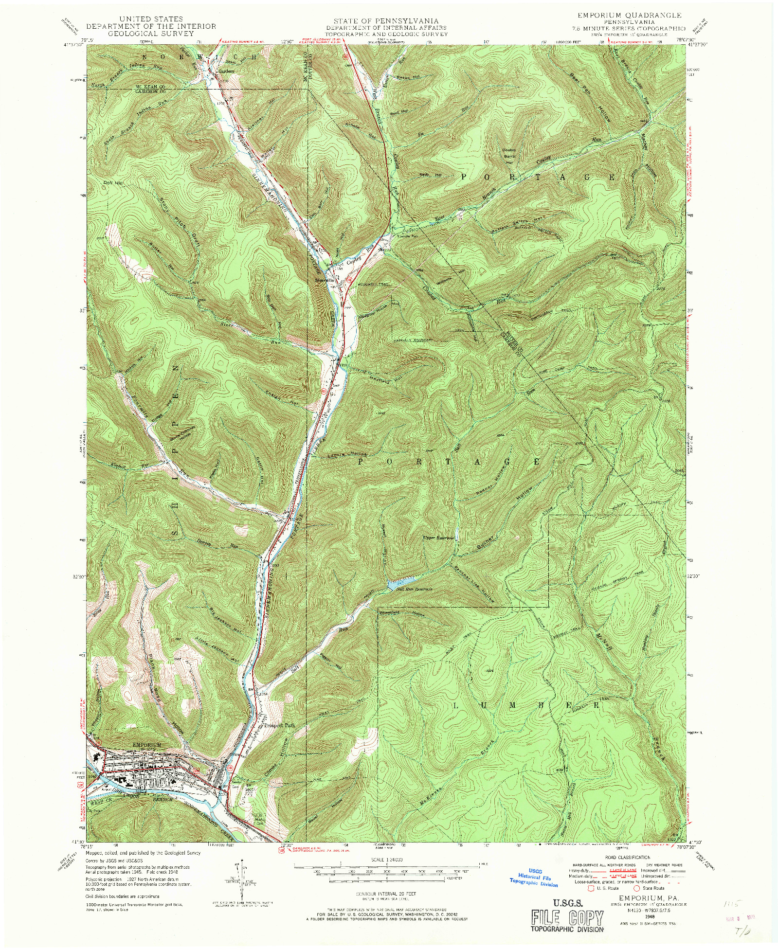 USGS 1:24000-SCALE QUADRANGLE FOR EMPORIUM, PA 1948