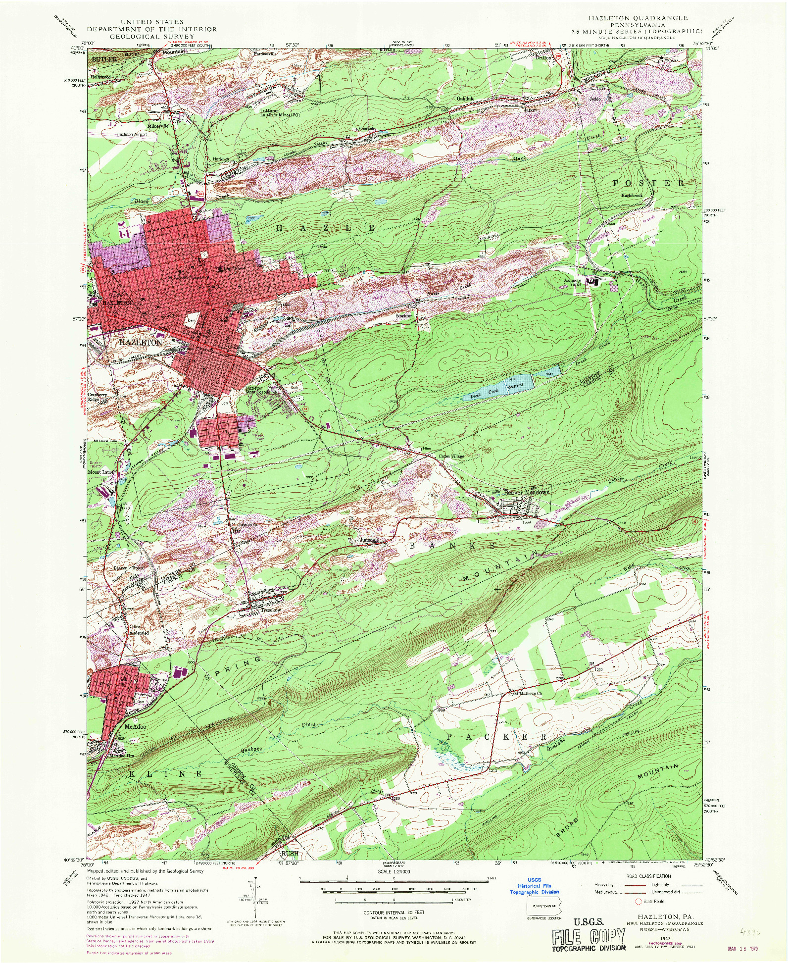 USGS 1:24000-SCALE QUADRANGLE FOR HAZLETON, PA 1947