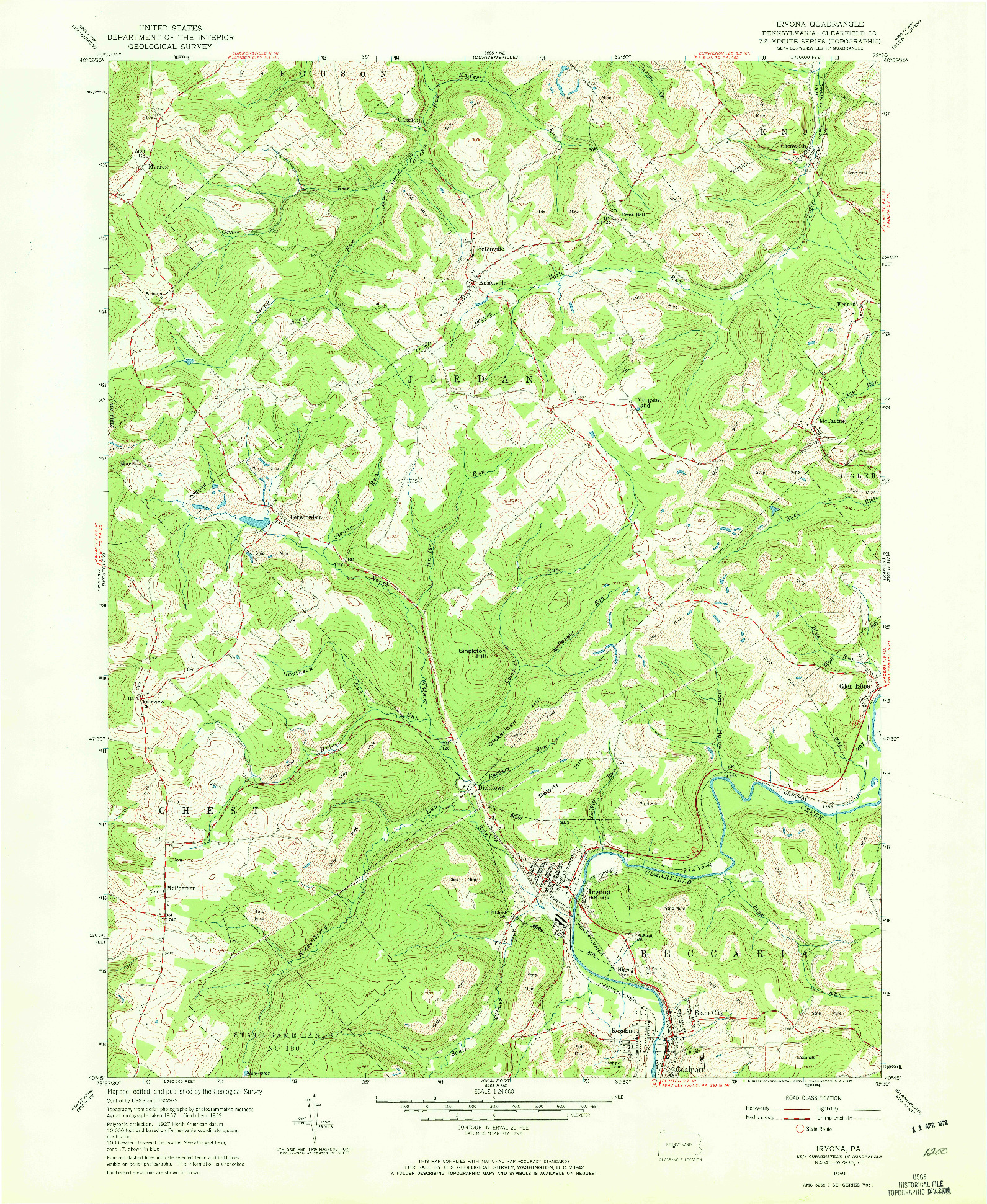 USGS 1:24000-SCALE QUADRANGLE FOR IRVONA, PA 1959