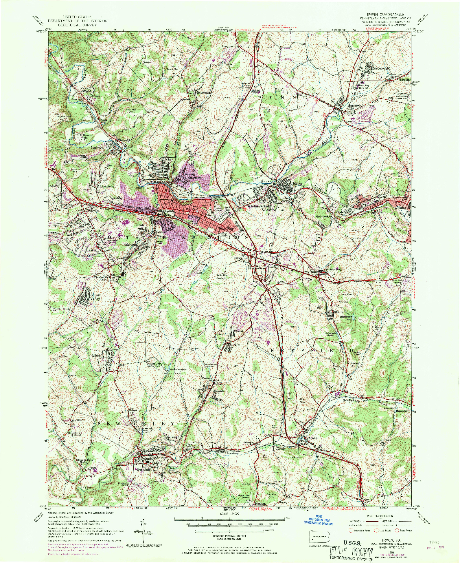 USGS 1:24000-SCALE QUADRANGLE FOR IRWIN, PA 1953