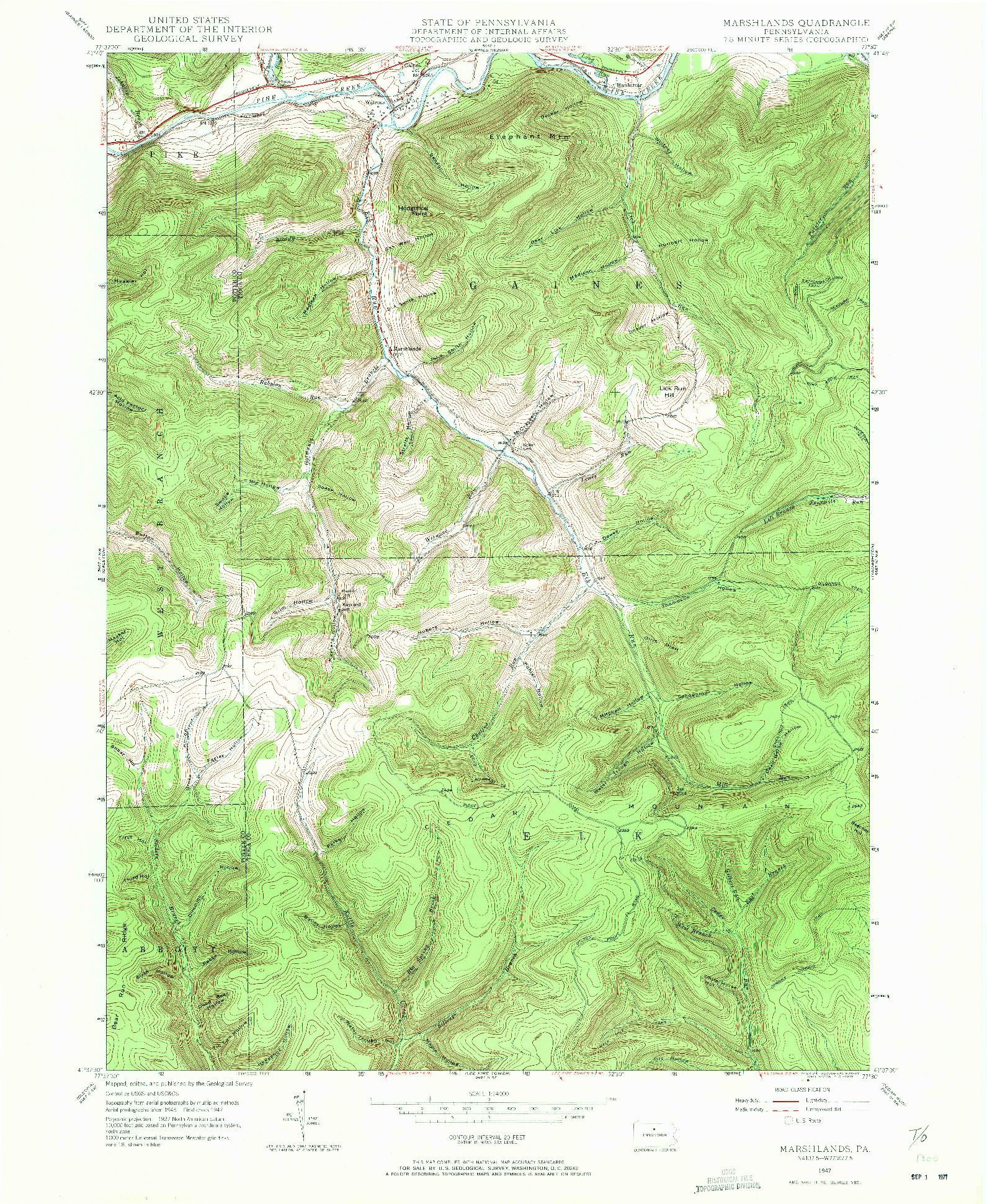 USGS 1:24000-SCALE QUADRANGLE FOR MARSHLANDS, PA 1947