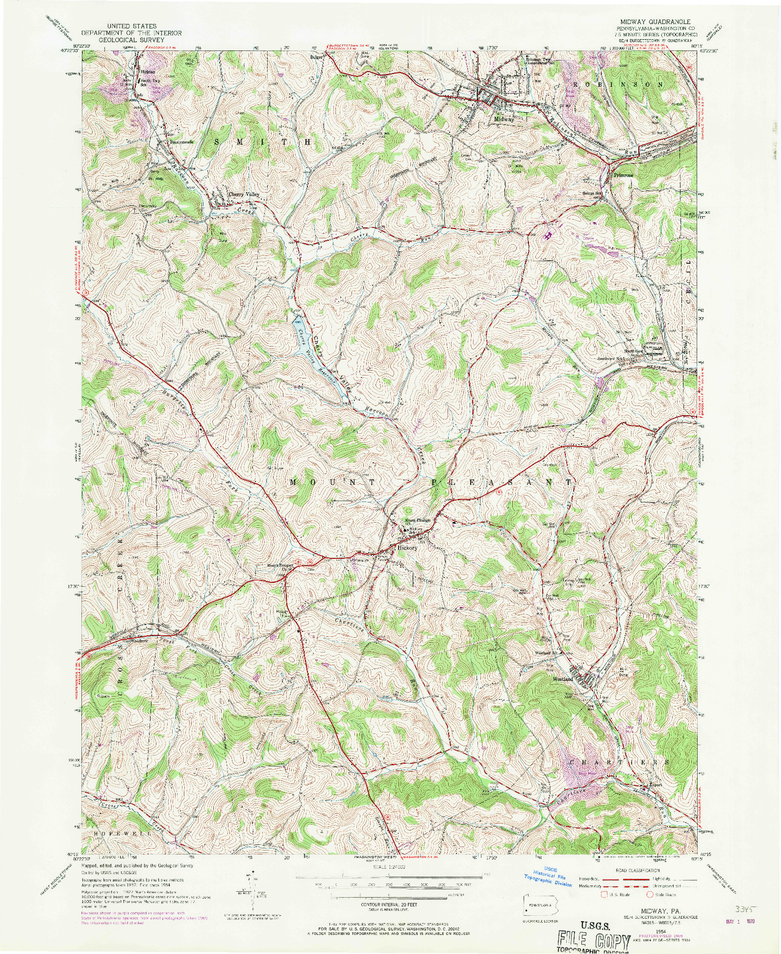 USGS 1:24000-SCALE QUADRANGLE FOR MIDWAY, PA 1954