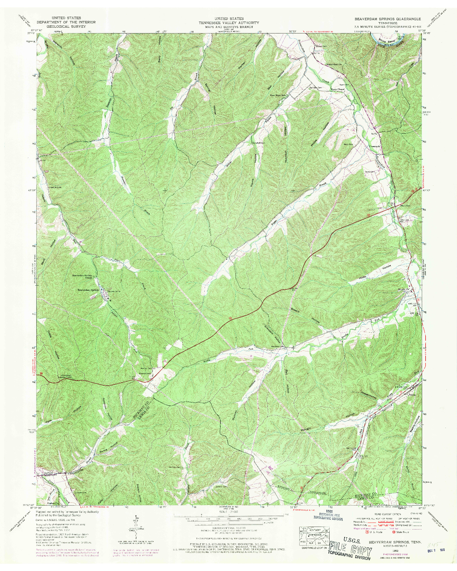 USGS 1:24000-SCALE QUADRANGLE FOR BEAVERDAM SPRINGS, TN 1952