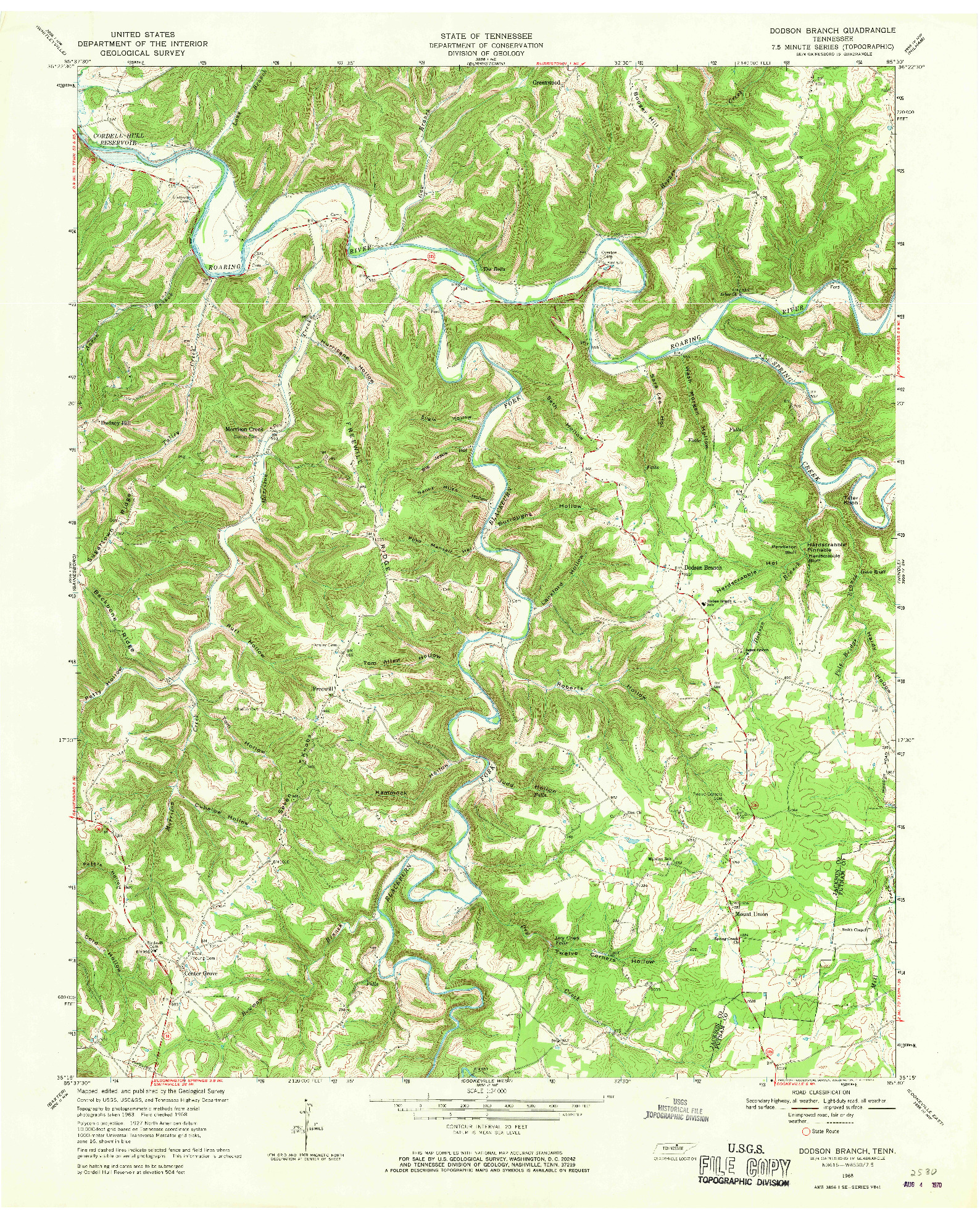 USGS 1:24000-SCALE QUADRANGLE FOR DODSON BRANCH, TN 1968