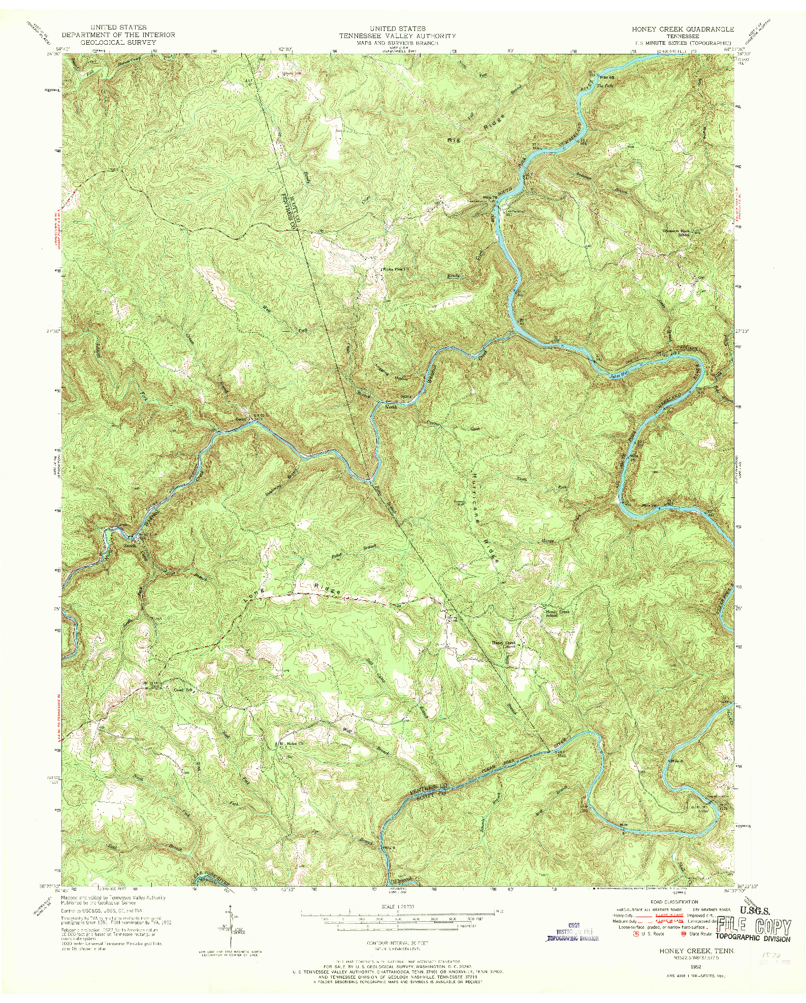 USGS 1:24000-SCALE QUADRANGLE FOR HONEY CREEK, TN 1952