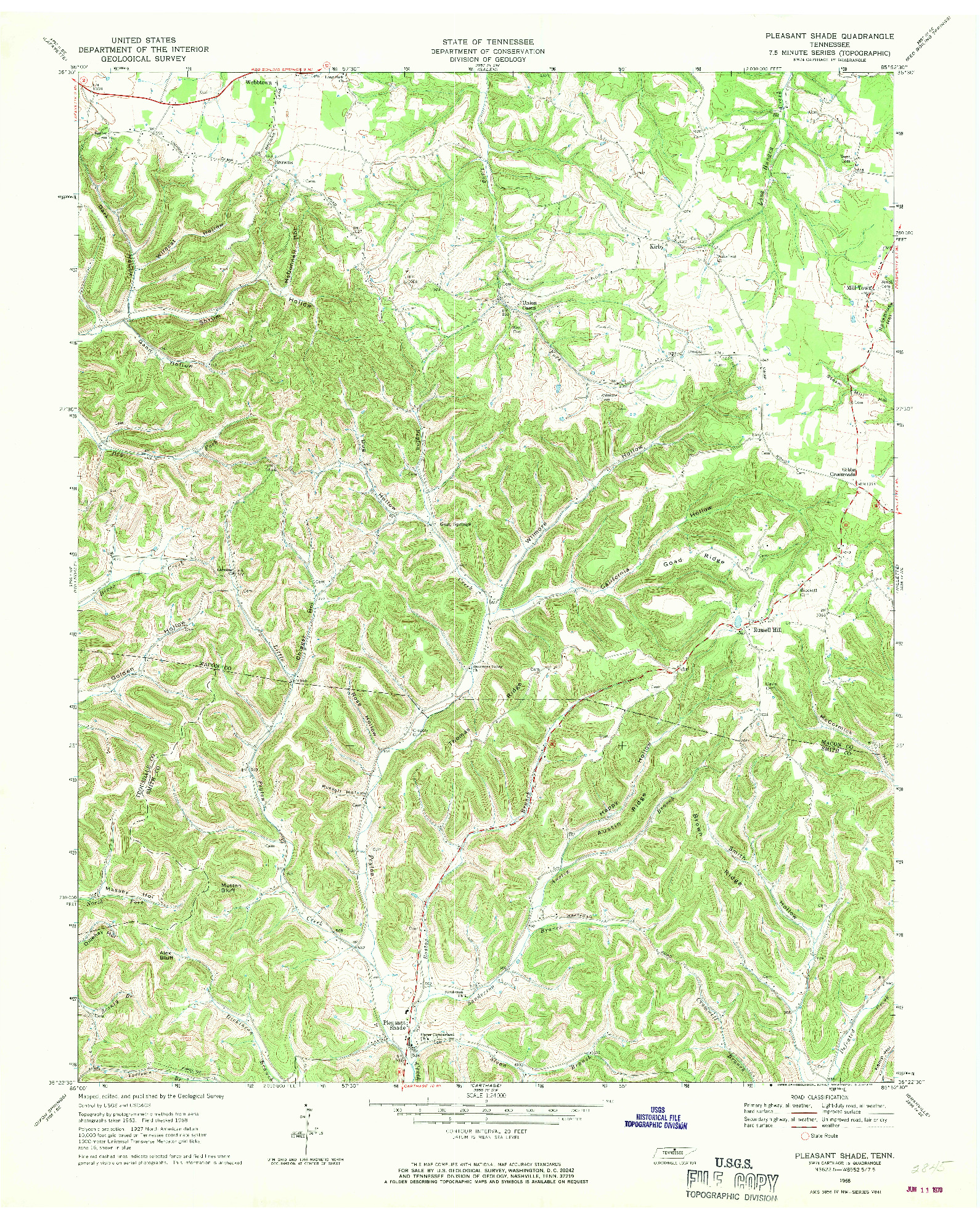 USGS 1:24000-SCALE QUADRANGLE FOR PLEASANT SHADE, TN 1968