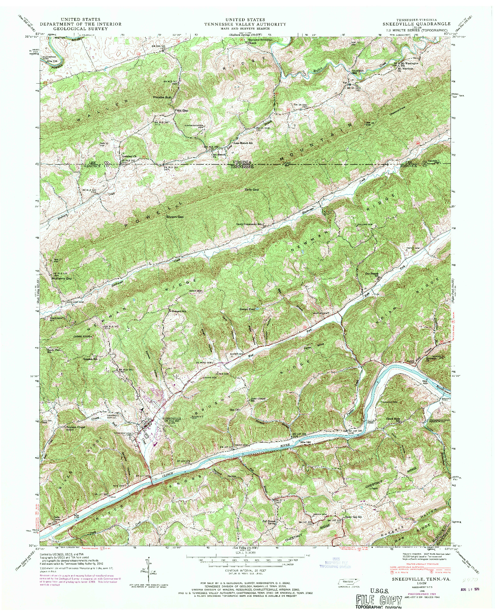 USGS 1:24000-SCALE QUADRANGLE FOR SNEEDVILLE, TN 1946