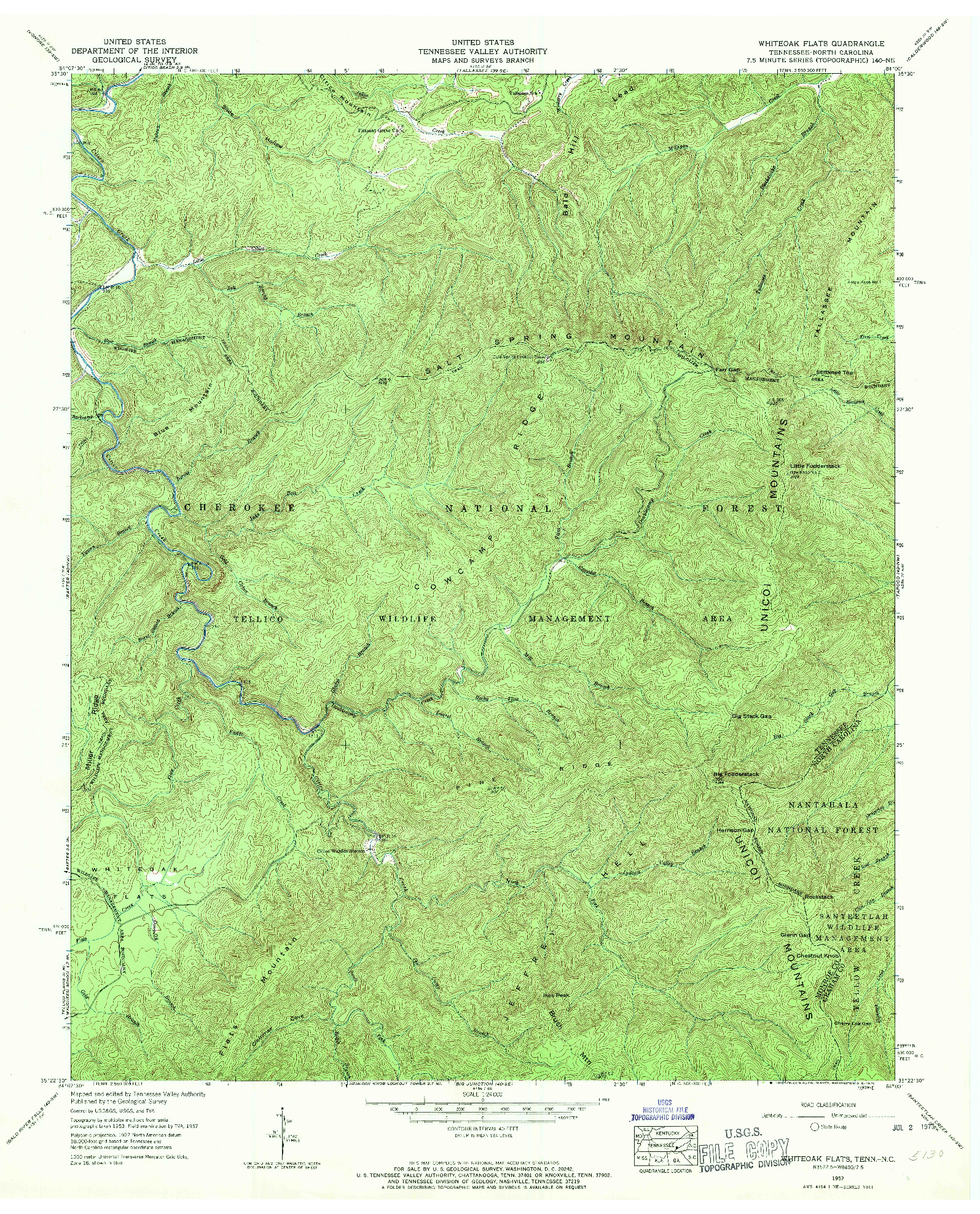 USGS 1:24000-SCALE QUADRANGLE FOR WHITEOAK FLATS, TN 1957