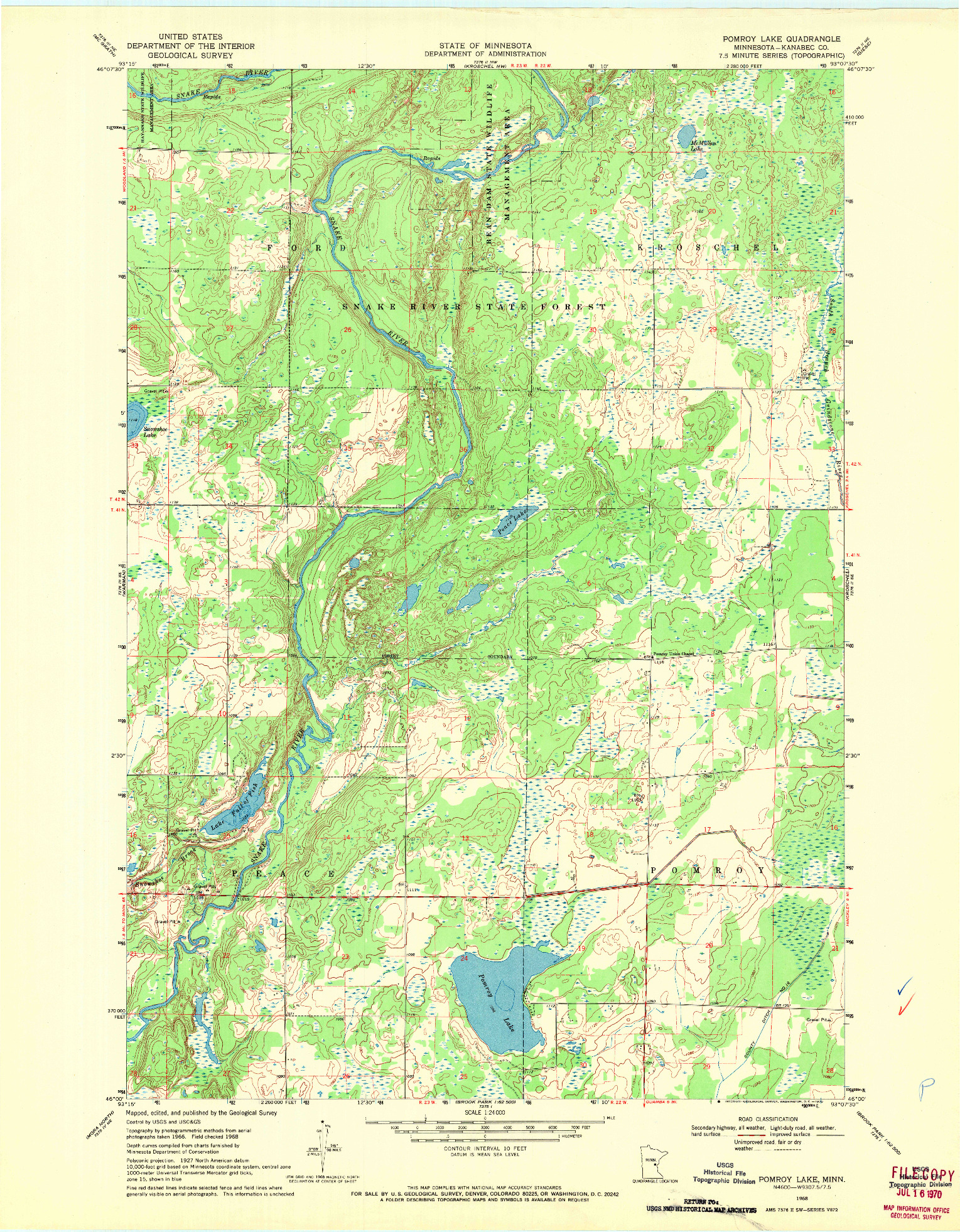 USGS 1:24000-SCALE QUADRANGLE FOR POMROY LAKE, MN 1968