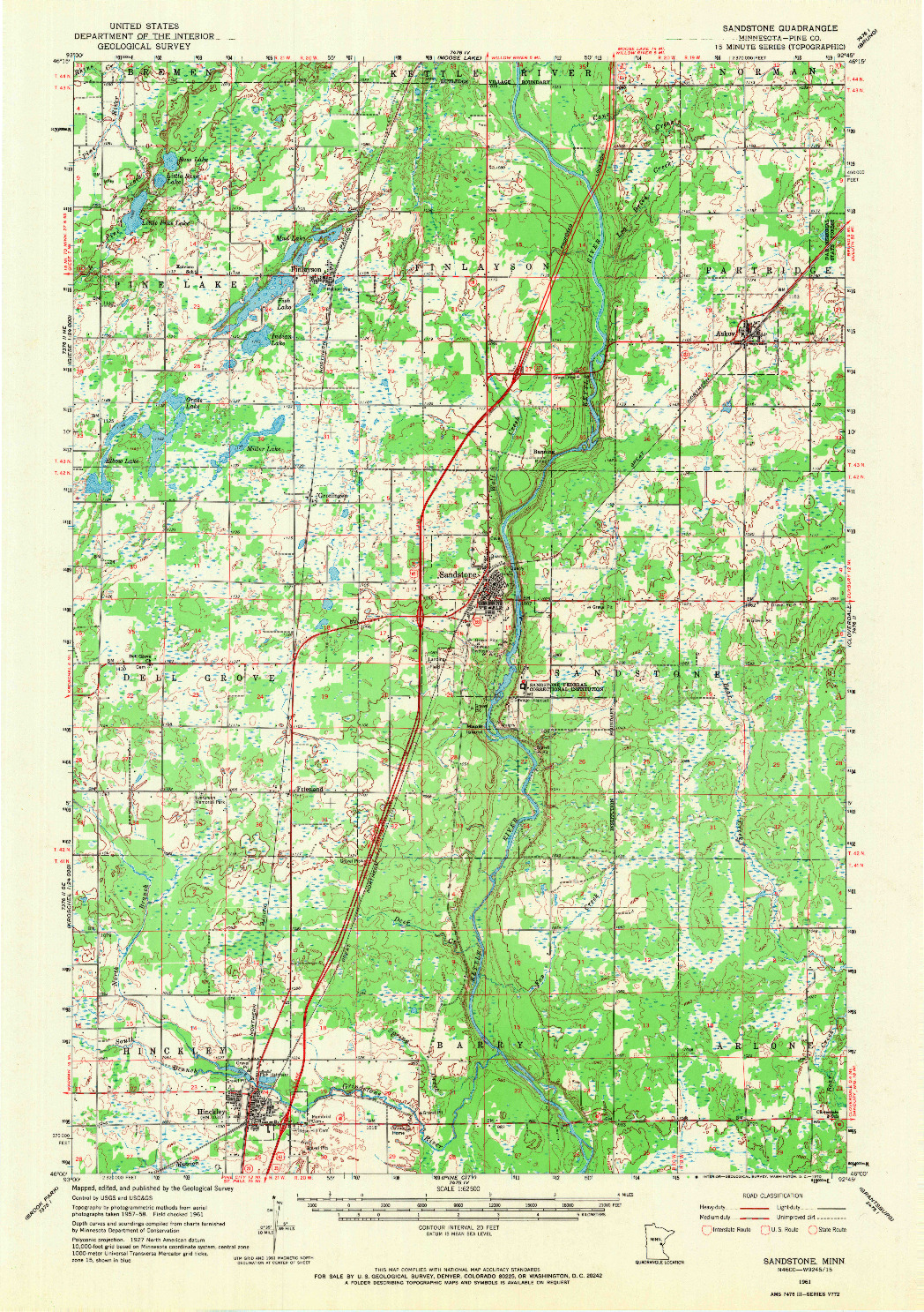 USGS 1:62500-SCALE QUADRANGLE FOR SANDSTONE, MN 1961