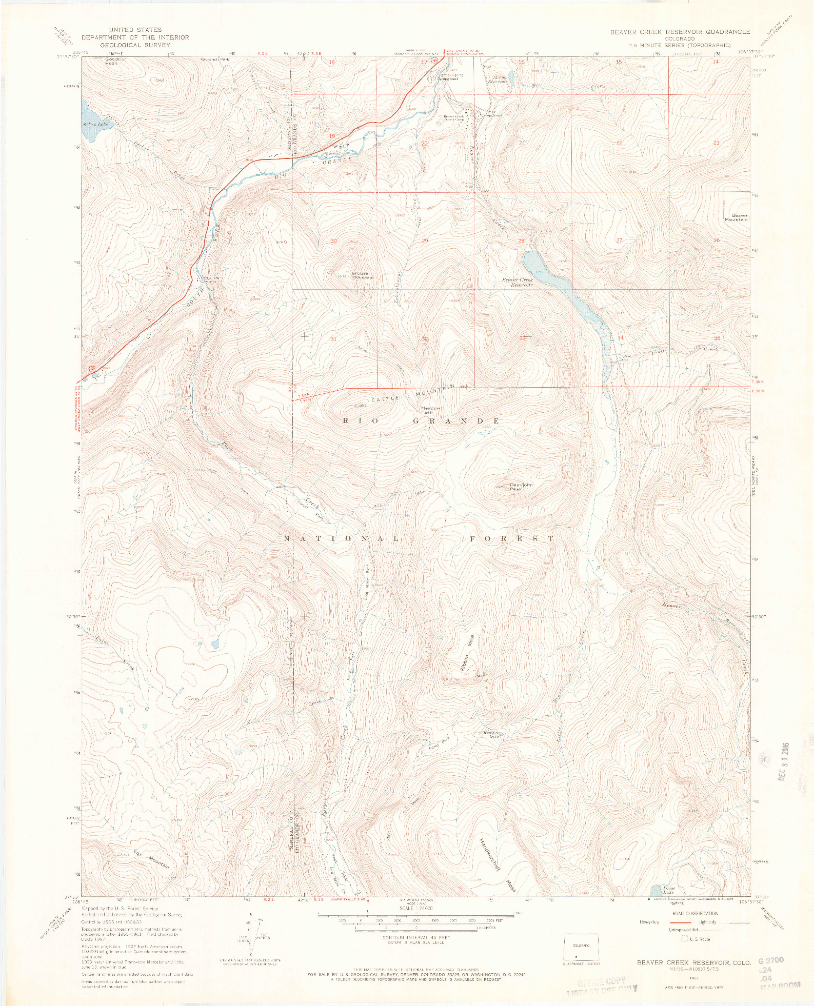 USGS 1:24000-SCALE QUADRANGLE FOR BEAVER CREEK RESERVOIR, CO 1967