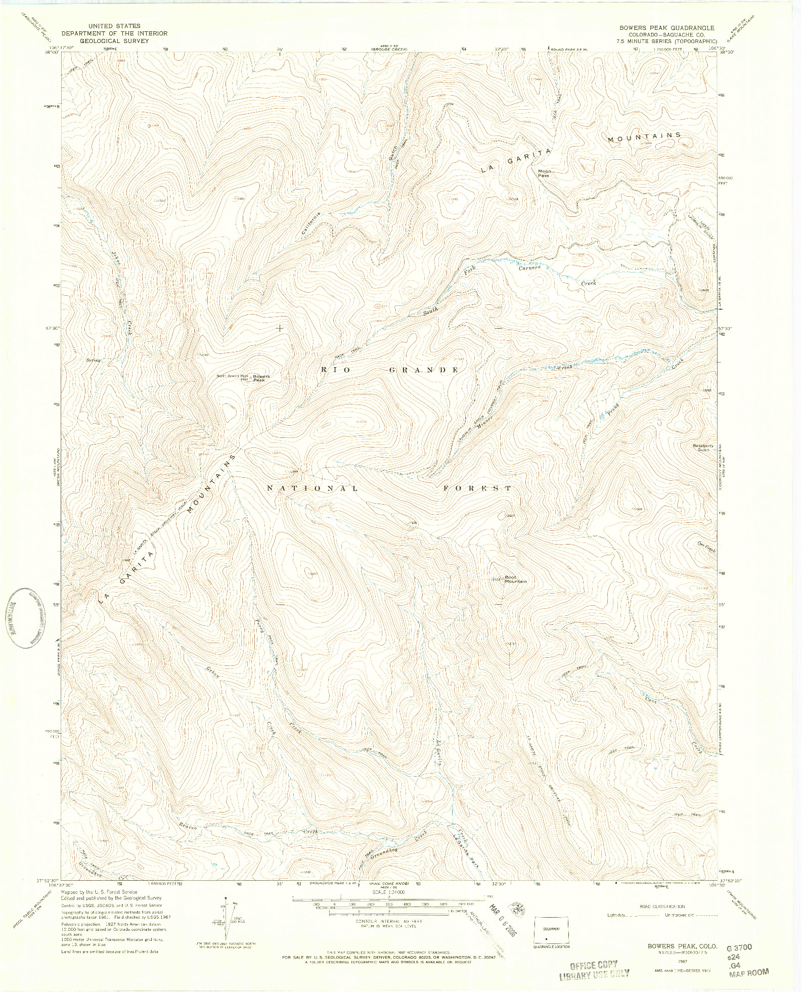 USGS 1:24000-SCALE QUADRANGLE FOR BOWERS PEAK, CO 1967