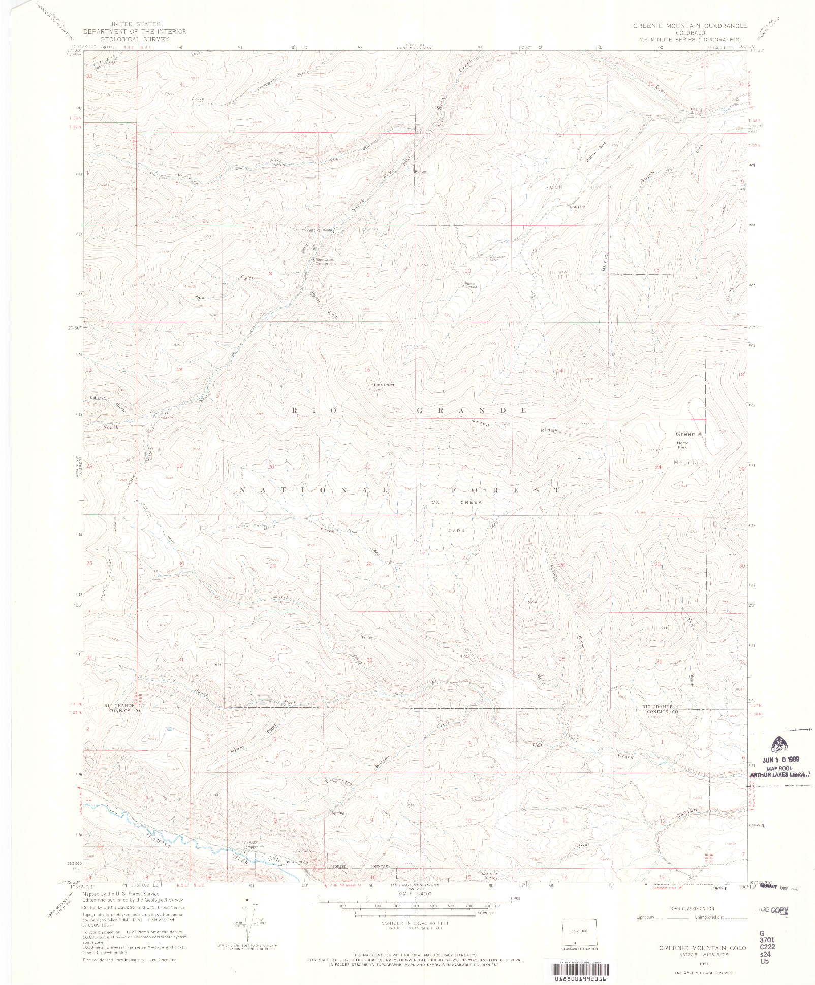 USGS 1:24000-SCALE QUADRANGLE FOR GREENIE MOUNTAIN, CO 1967