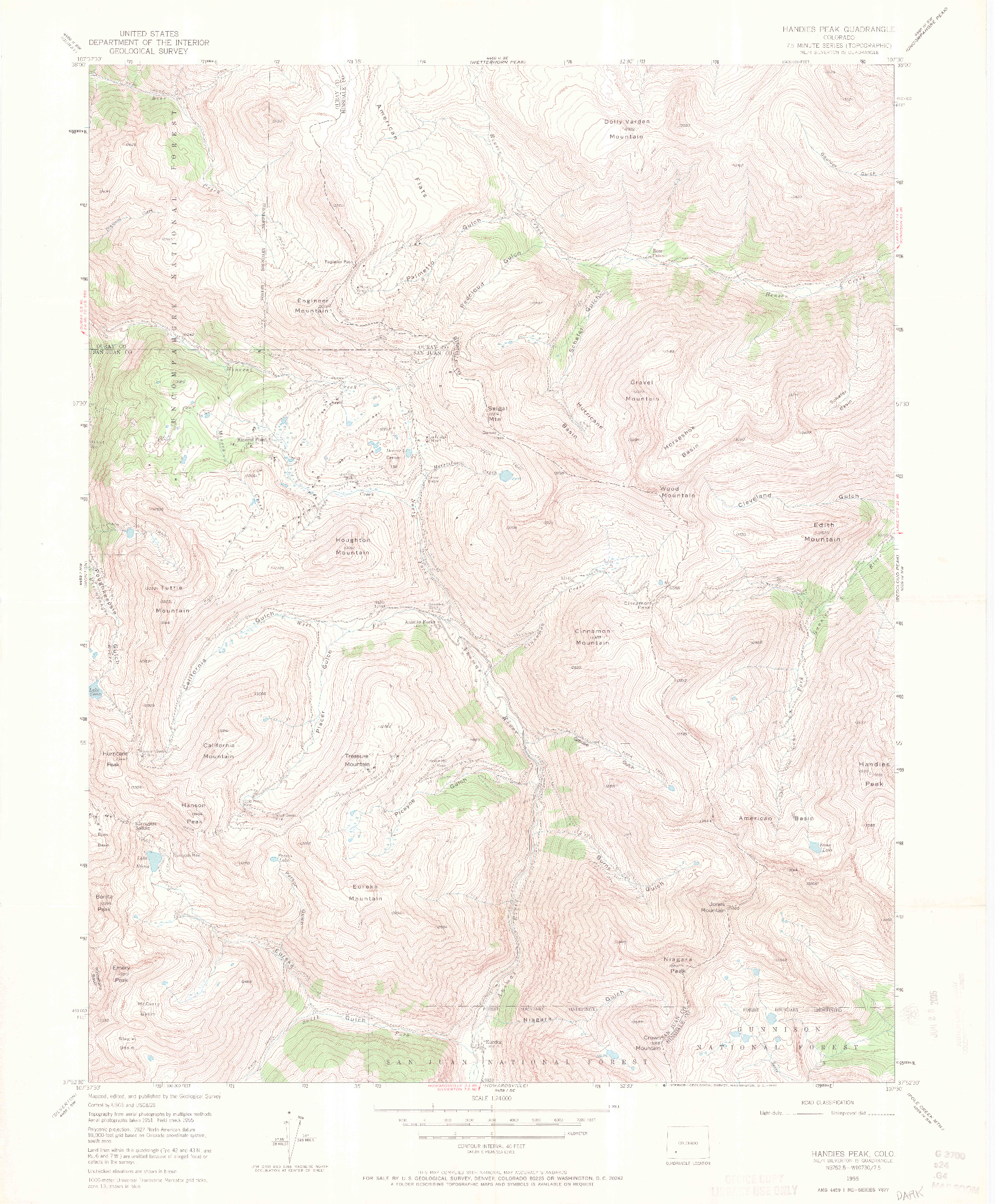 USGS 1:24000-SCALE QUADRANGLE FOR HANDIES PEAK, CO 1955