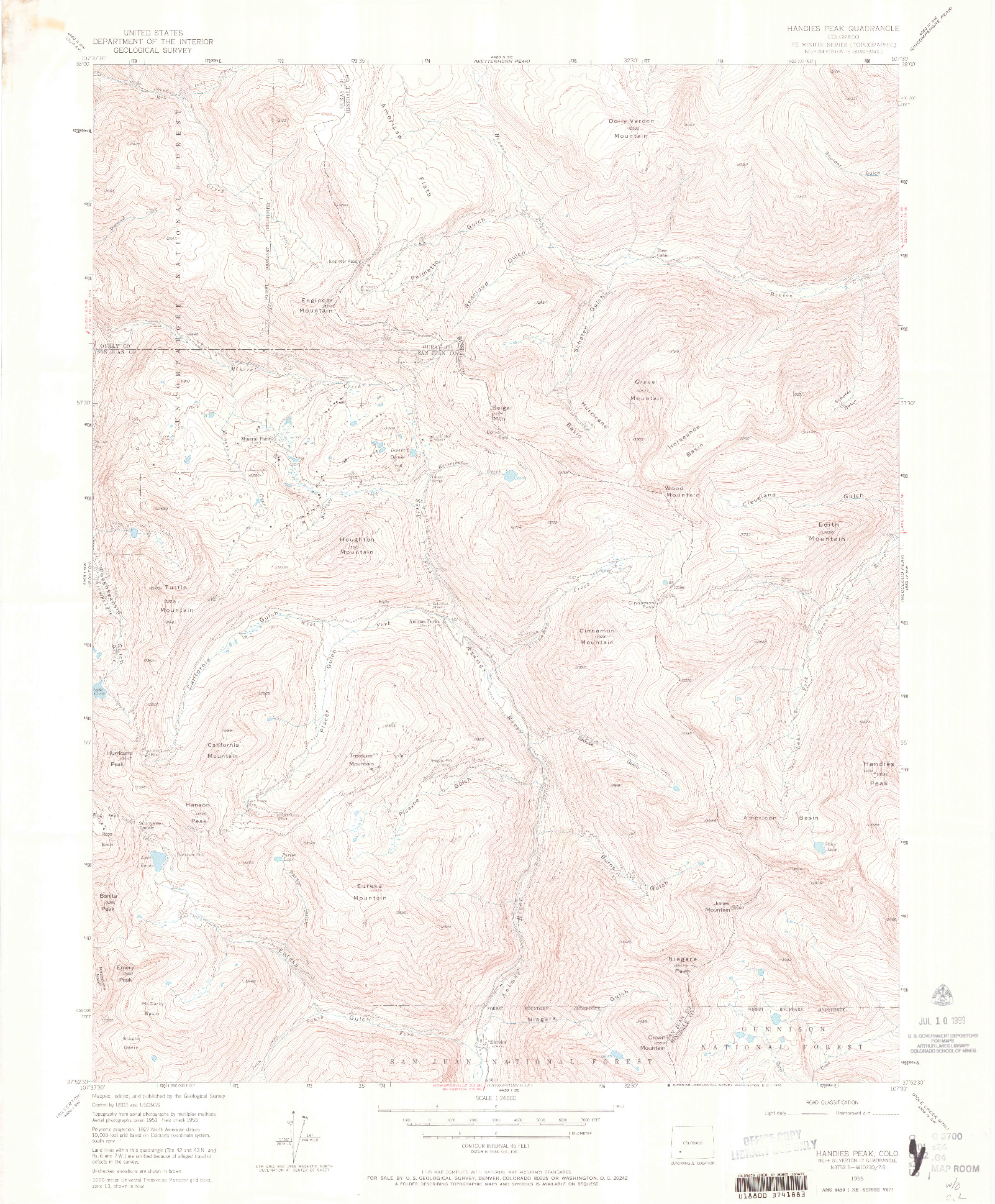 USGS 1:24000-SCALE QUADRANGLE FOR HANDIES PEAK, CO 1955