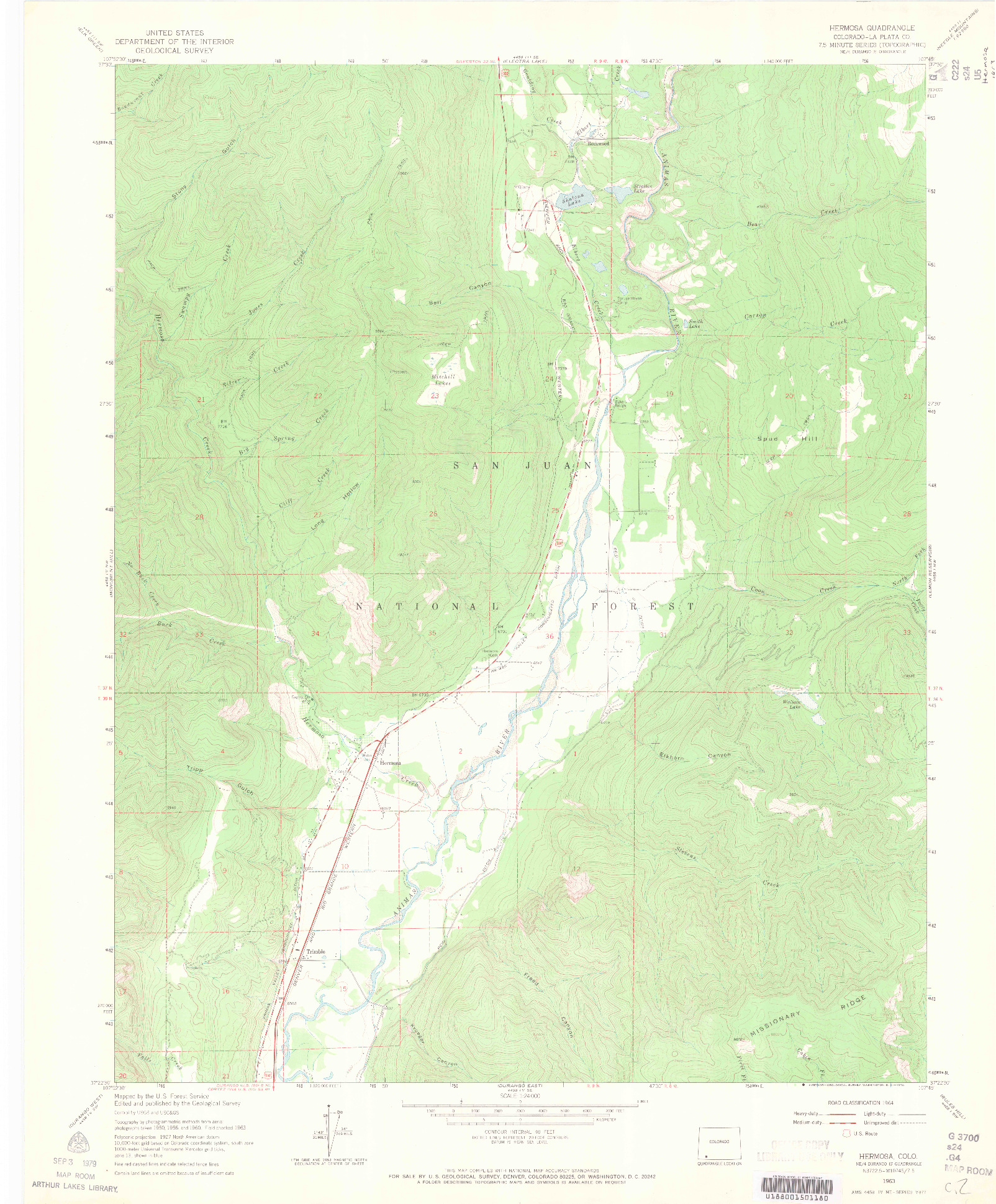 USGS 1:24000-SCALE QUADRANGLE FOR HERMOSA, CO 1963