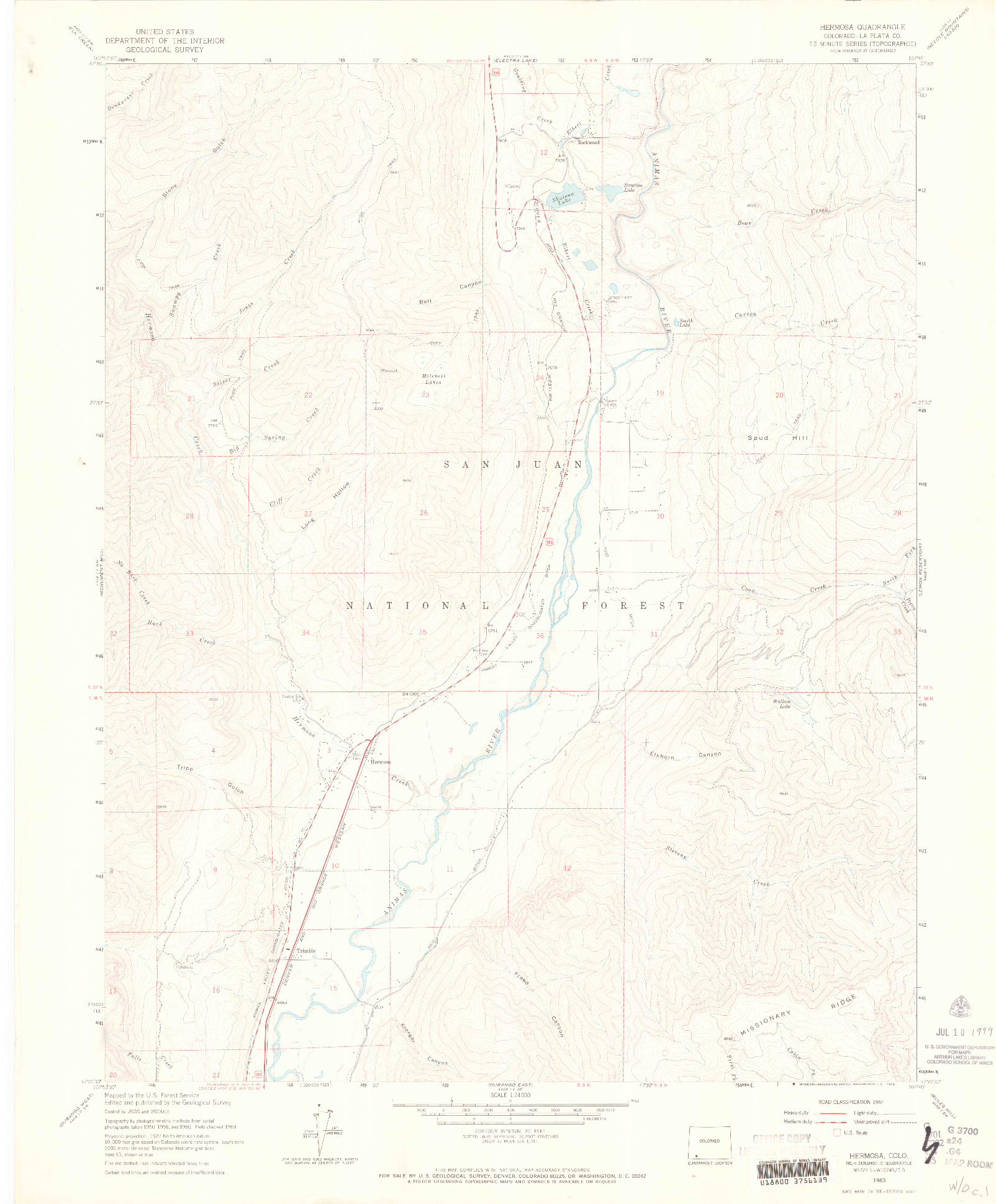 USGS 1:24000-SCALE QUADRANGLE FOR HERMOSA, CO 1963