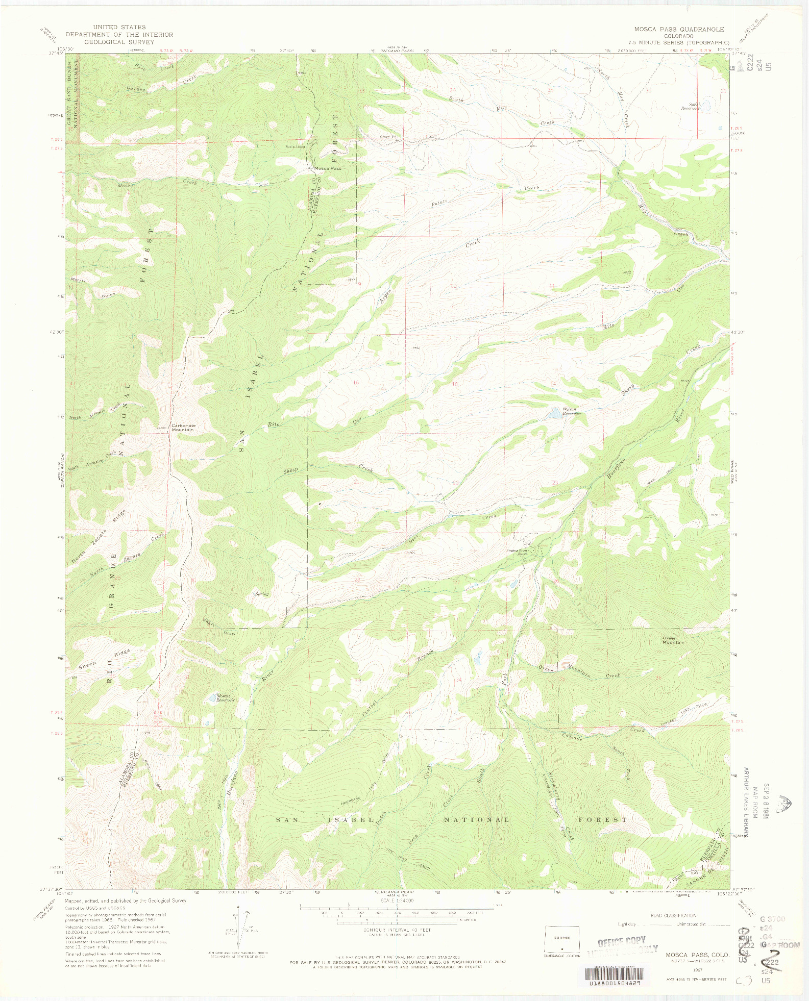 USGS 1:24000-SCALE QUADRANGLE FOR MOSCA PASS, CO 1967