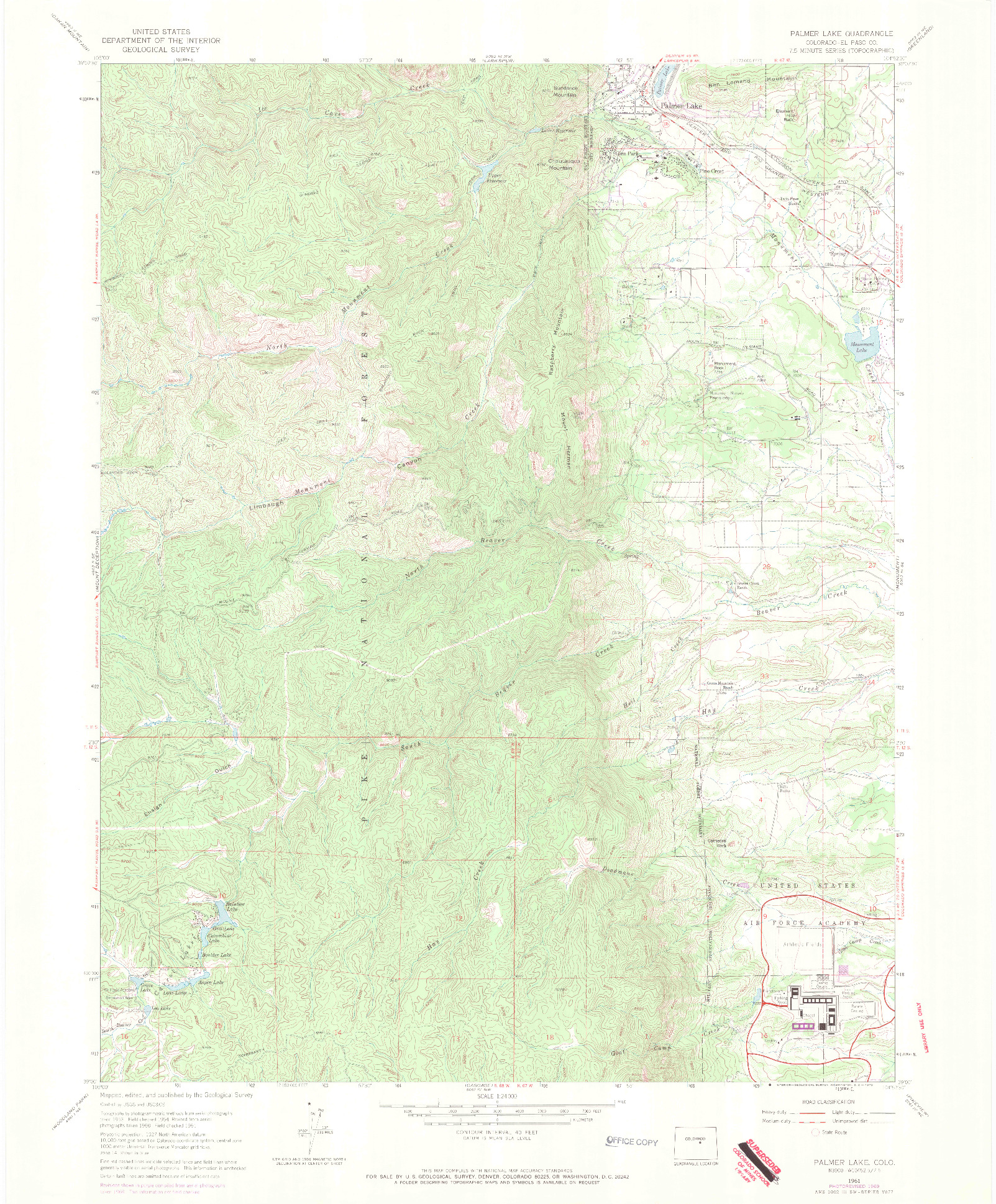 USGS 1:24000-SCALE QUADRANGLE FOR PALMER LAKE, CO 1961