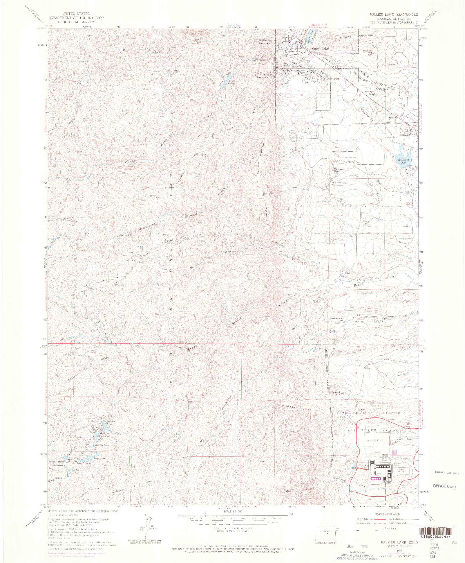 USGS 1:24000-SCALE QUADRANGLE FOR PALMER LAKE, CO 1961