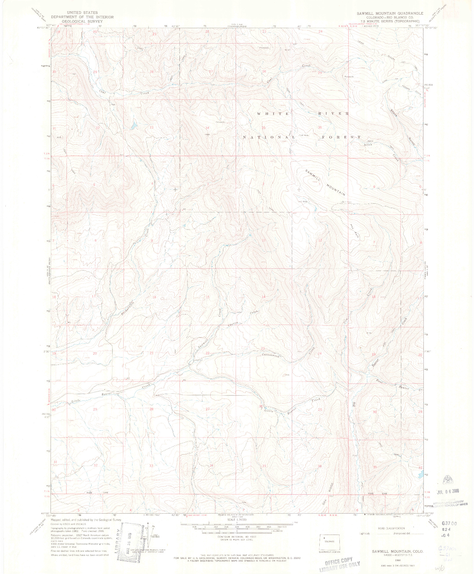 USGS 1:24000-SCALE QUADRANGLE FOR SAWMILL MOUNTAIN, CO 1966