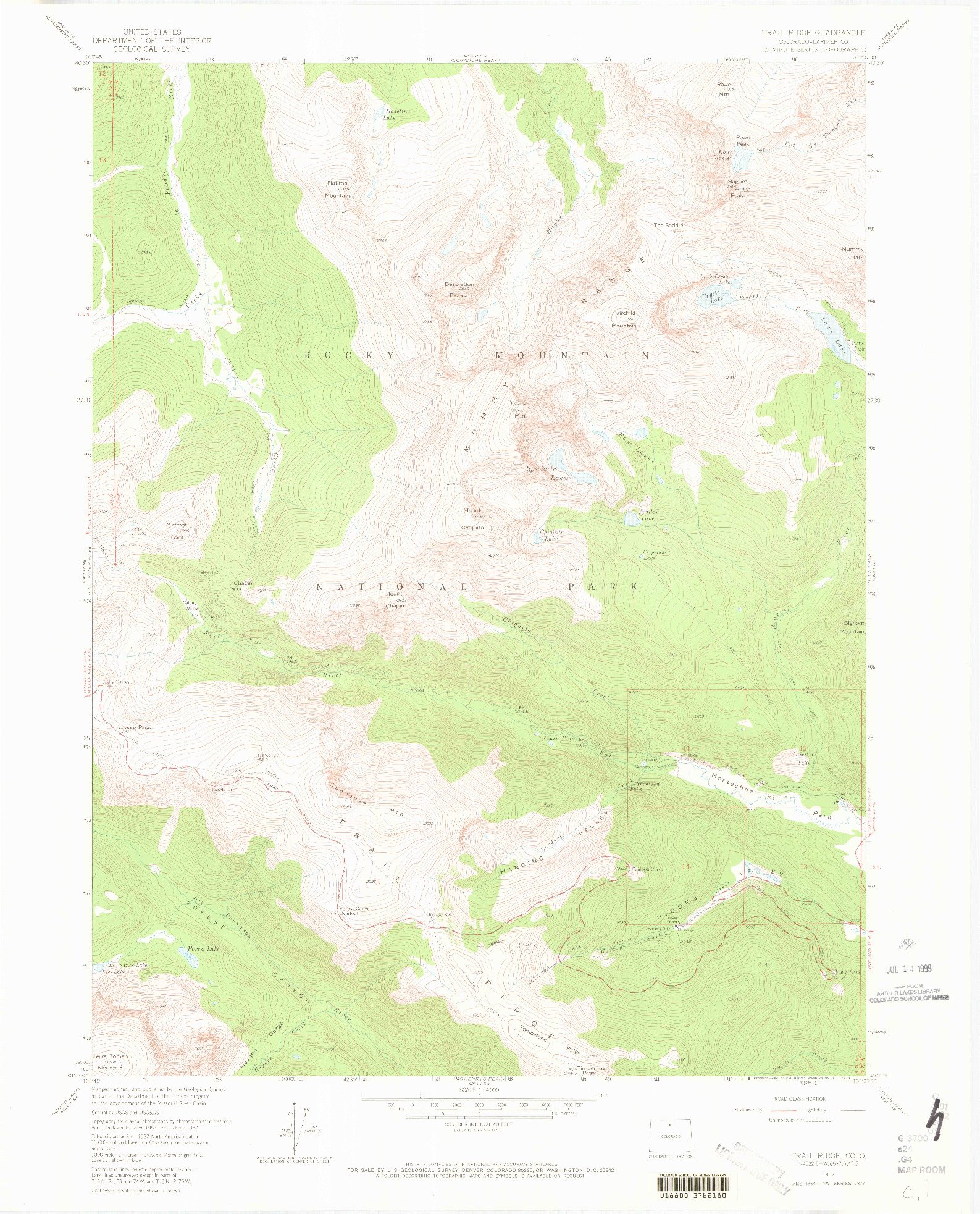USGS 1:24000-SCALE QUADRANGLE FOR TRAIL RIDGE, CO 1957