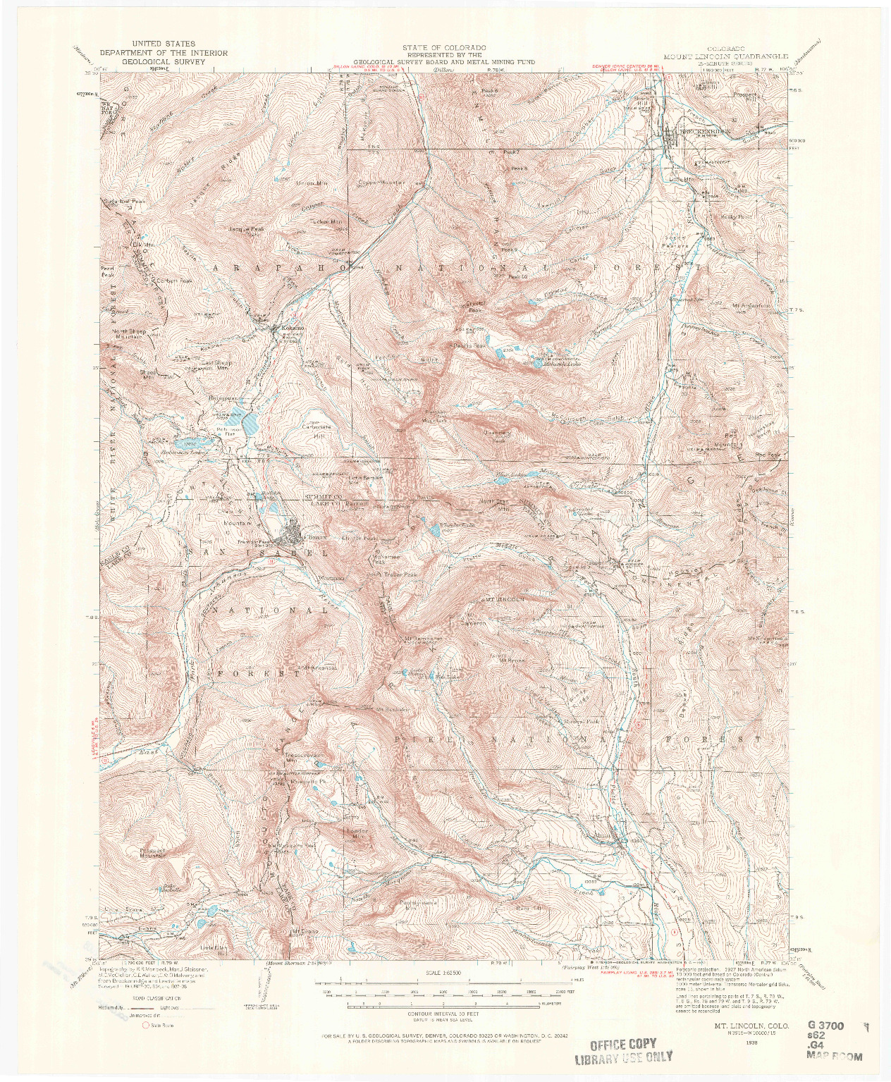 USGS 1:62500-SCALE QUADRANGLE FOR MOUNT LINCOLN, CO 1938