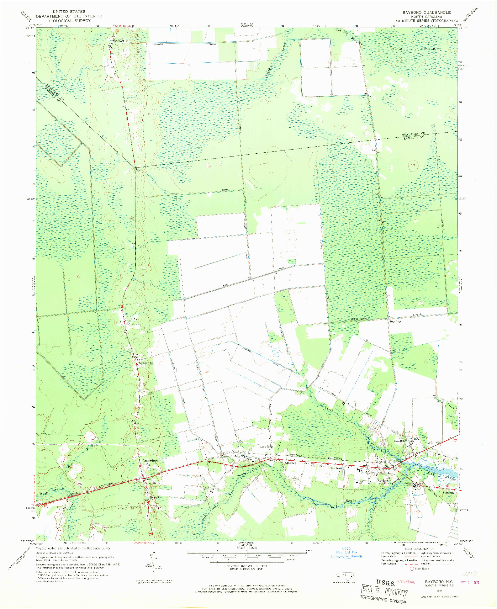 USGS 1:24000-SCALE QUADRANGLE FOR BAYBORO, NC 1968