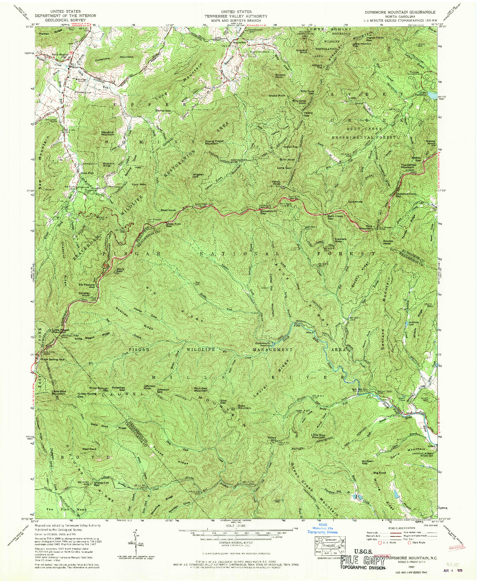 USGS 1:24000-SCALE QUADRANGLE FOR DUNSMORE MOUNTAIN, NC 1967