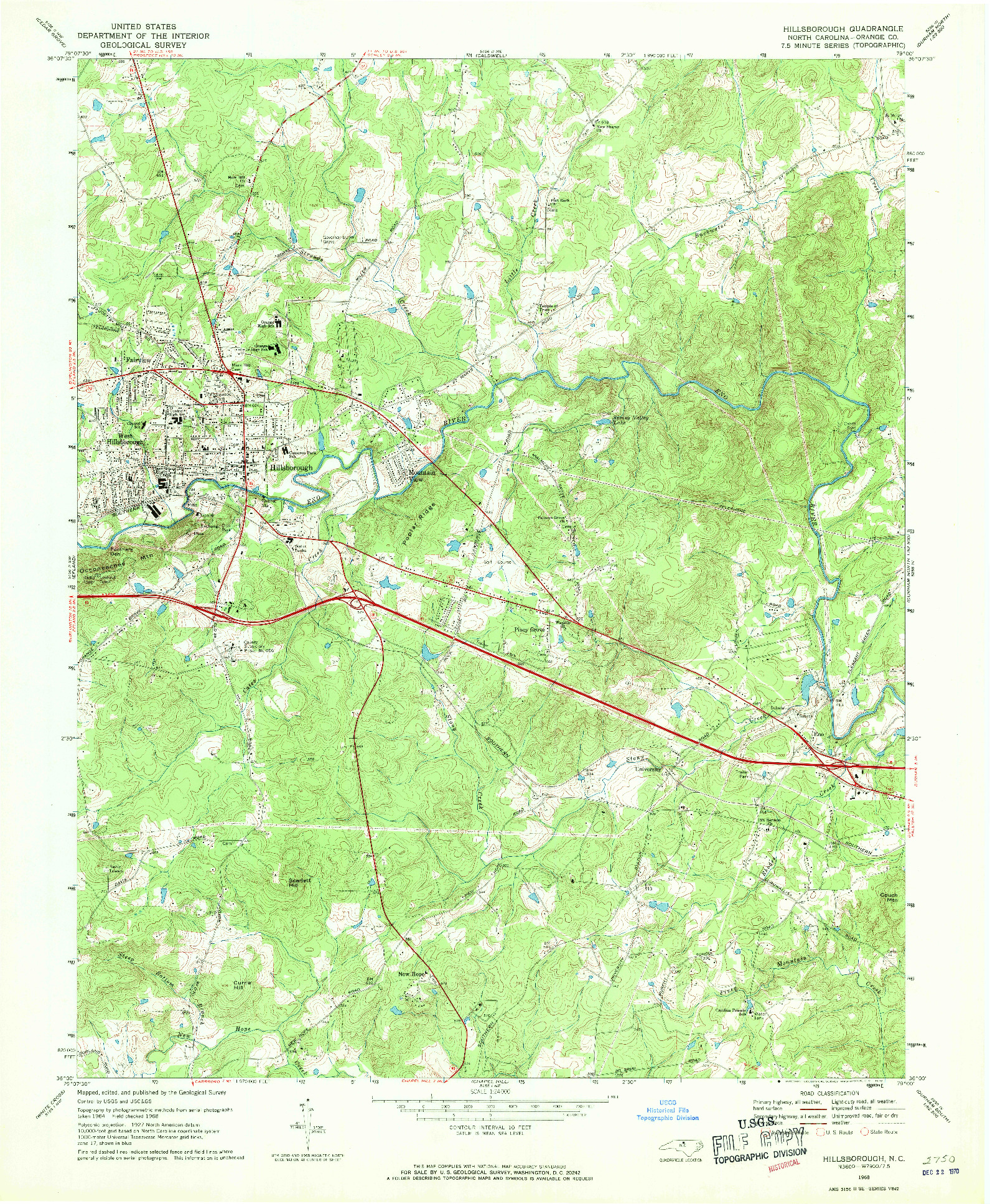 USGS 1:24000-SCALE QUADRANGLE FOR HILLSBOROUGH, NC 1968