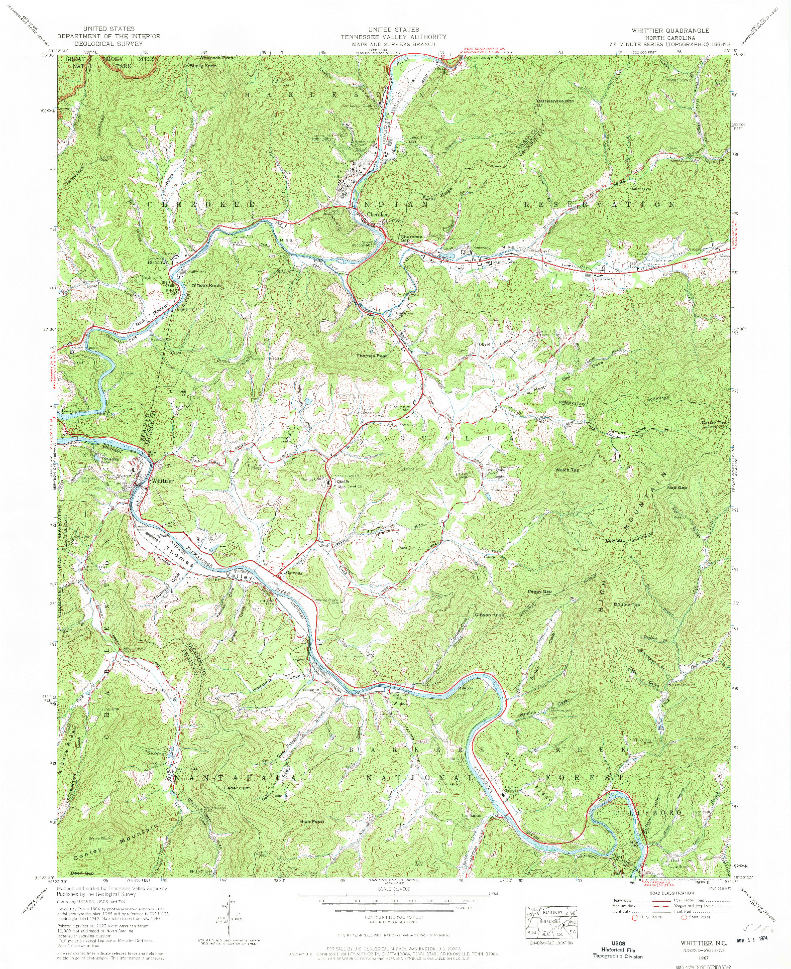 USGS 1:24000-SCALE QUADRANGLE FOR WHITTIER, NC 1967