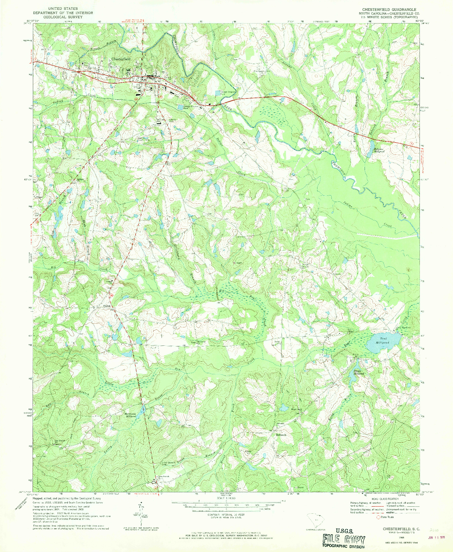 USGS 1:24000-SCALE QUADRANGLE FOR CHESTERFIELD, SC 1968