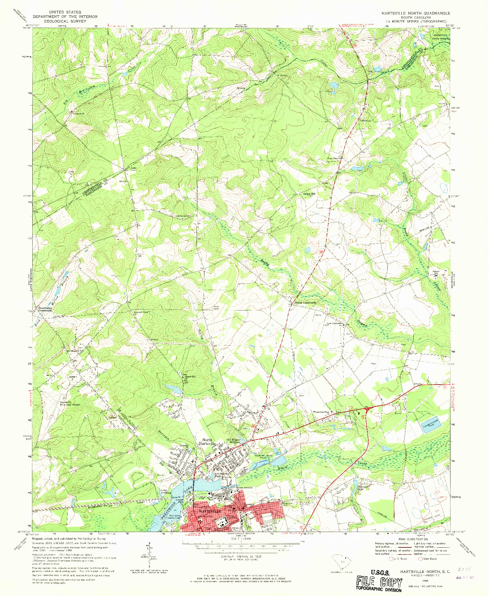 USGS 1:24000-SCALE QUADRANGLE FOR HARTSVILLE NORTH, SC 1968