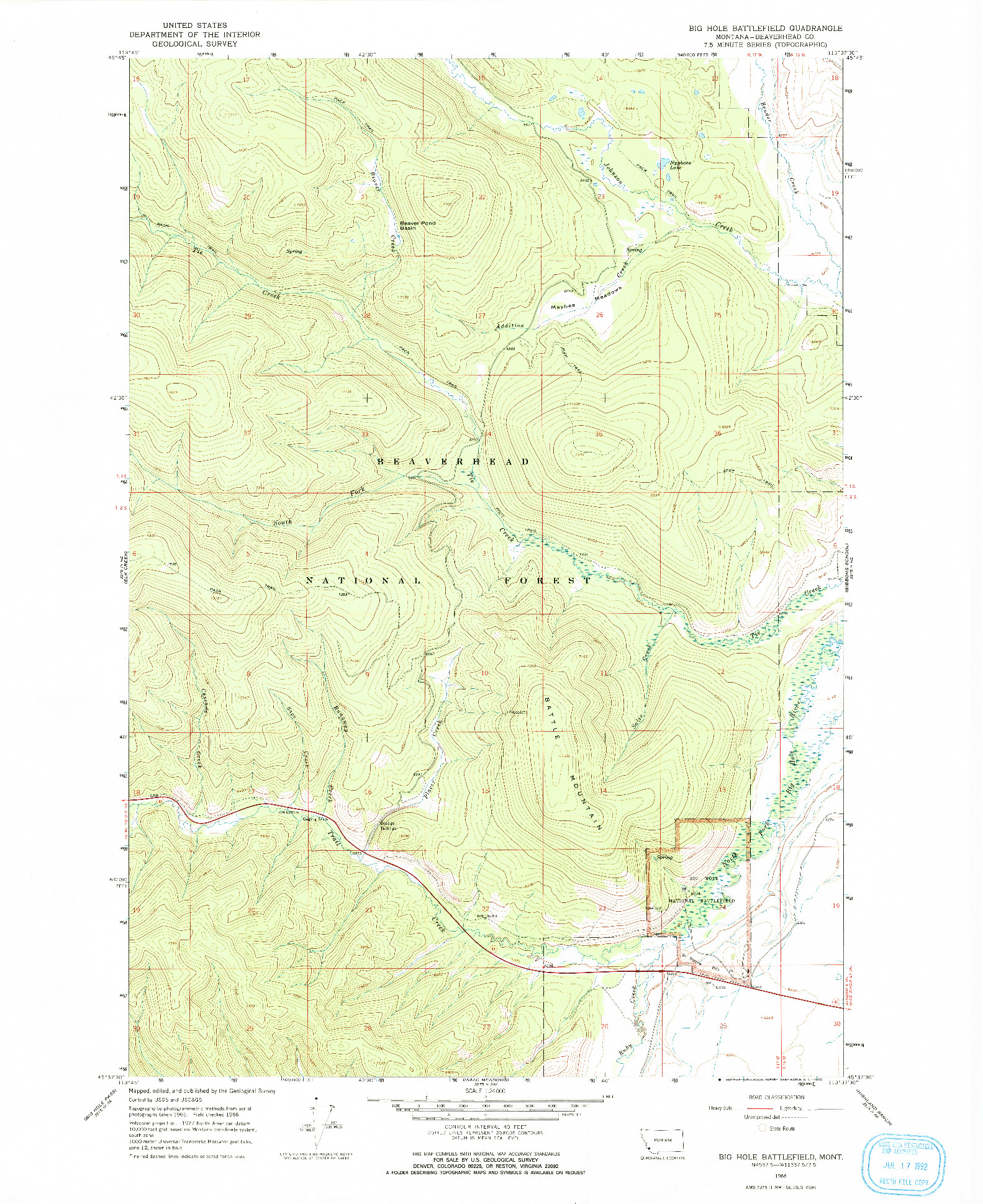 USGS 1:24000-SCALE QUADRANGLE FOR BIG HOLE BATTLEFIELD, MT 1966