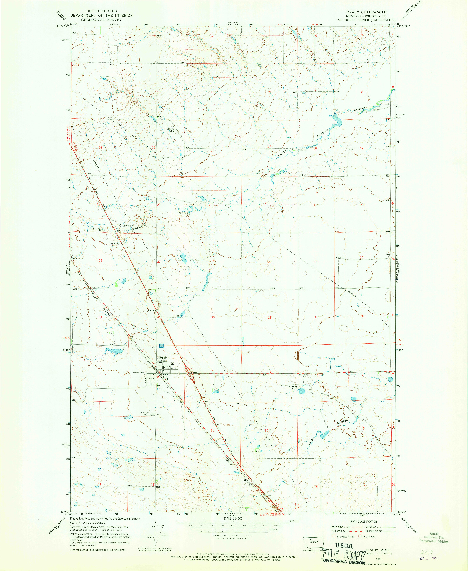 USGS 1:24000-SCALE QUADRANGLE FOR BRADY, MT 1967